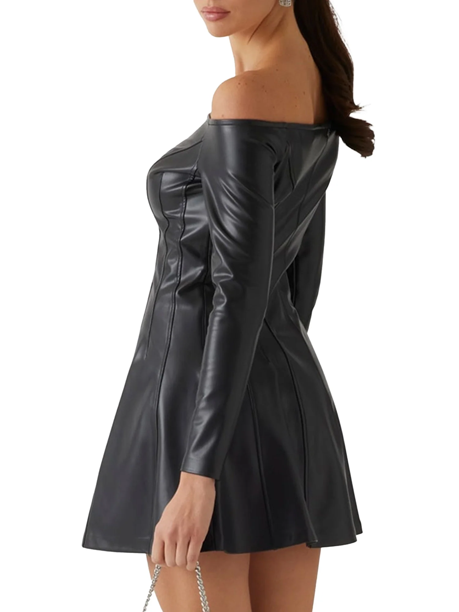 Abito Chrissy off-shoulder in similpelle nero - Image 3