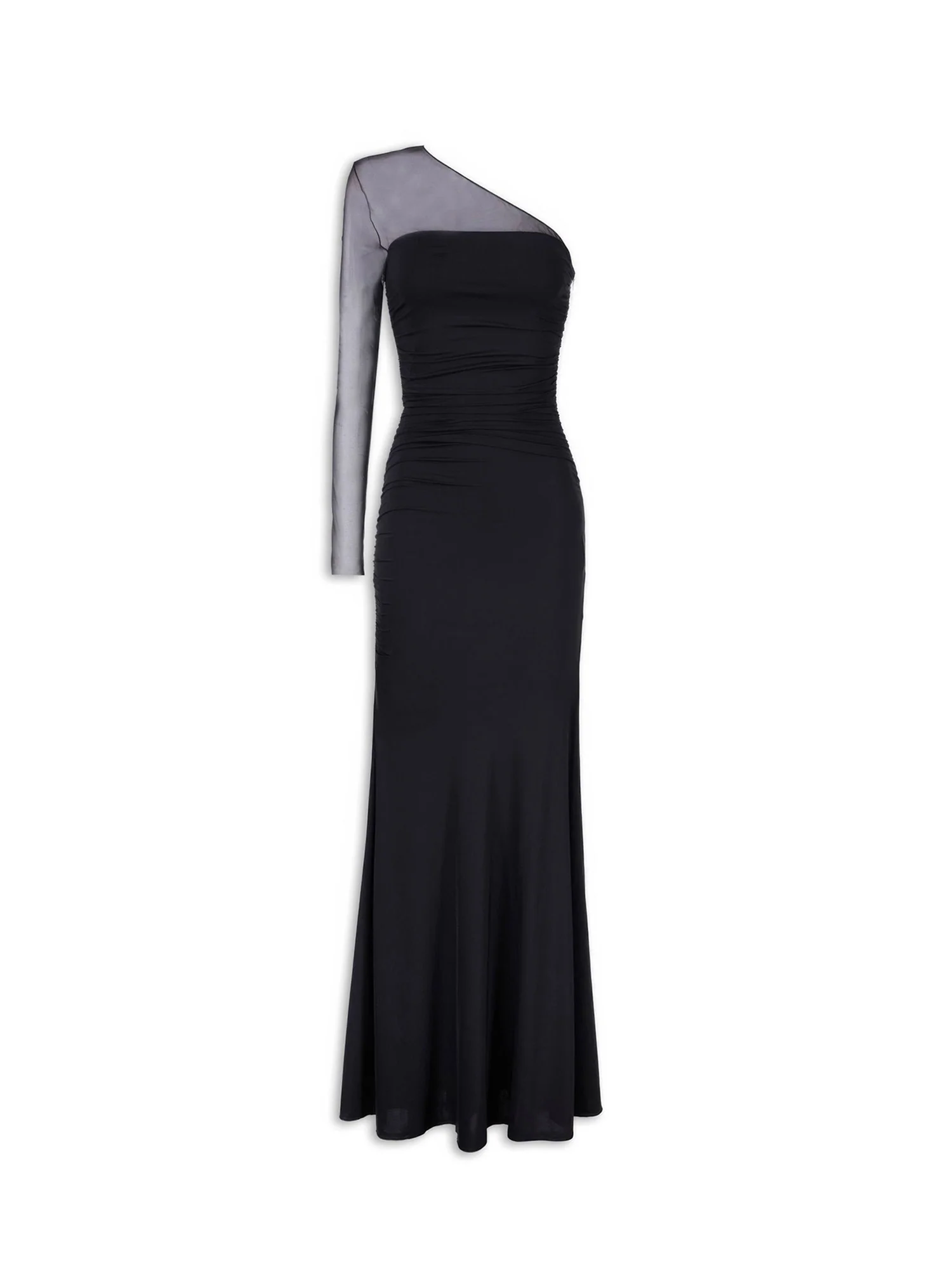 Abito lungo Asymmetric Jett con manica monospalla in tulle nero - Image 3
