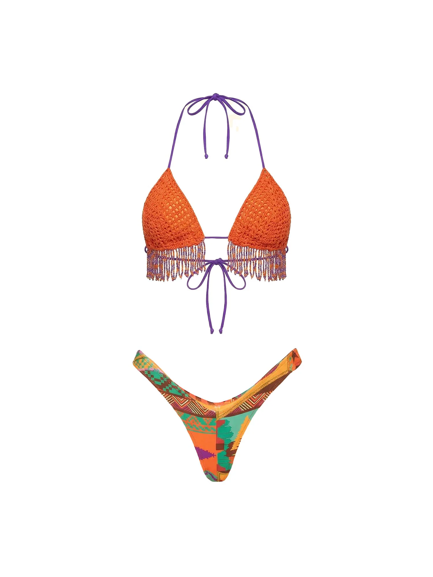 Bikini F**k Donna triangolo con frangia perline e slip americano fantasia etnica arancio/viola - Image 3
