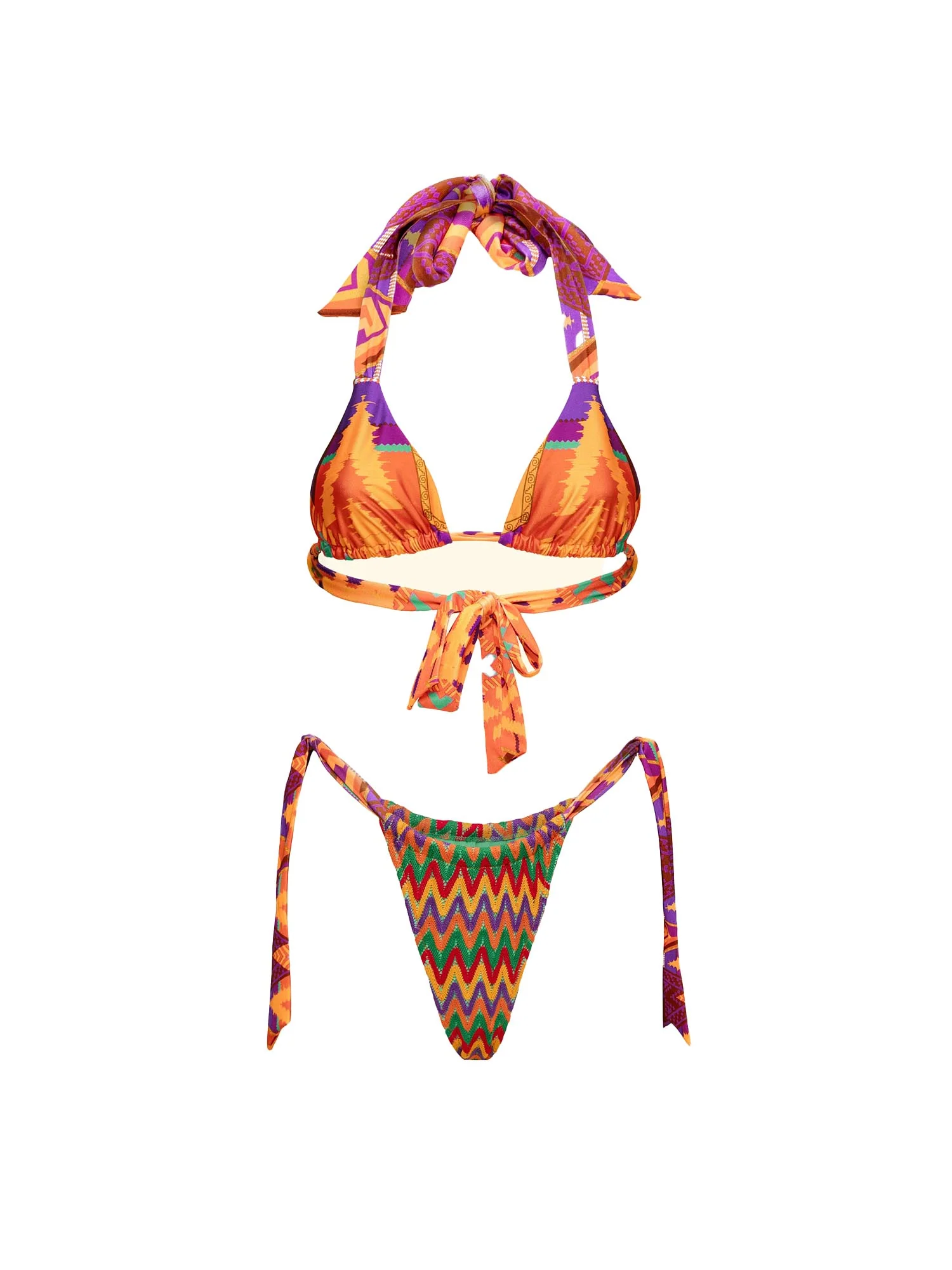 Bikini F**k Donna trinagolo con slip regolabile fantasia etnica arancio/viola - Image 3