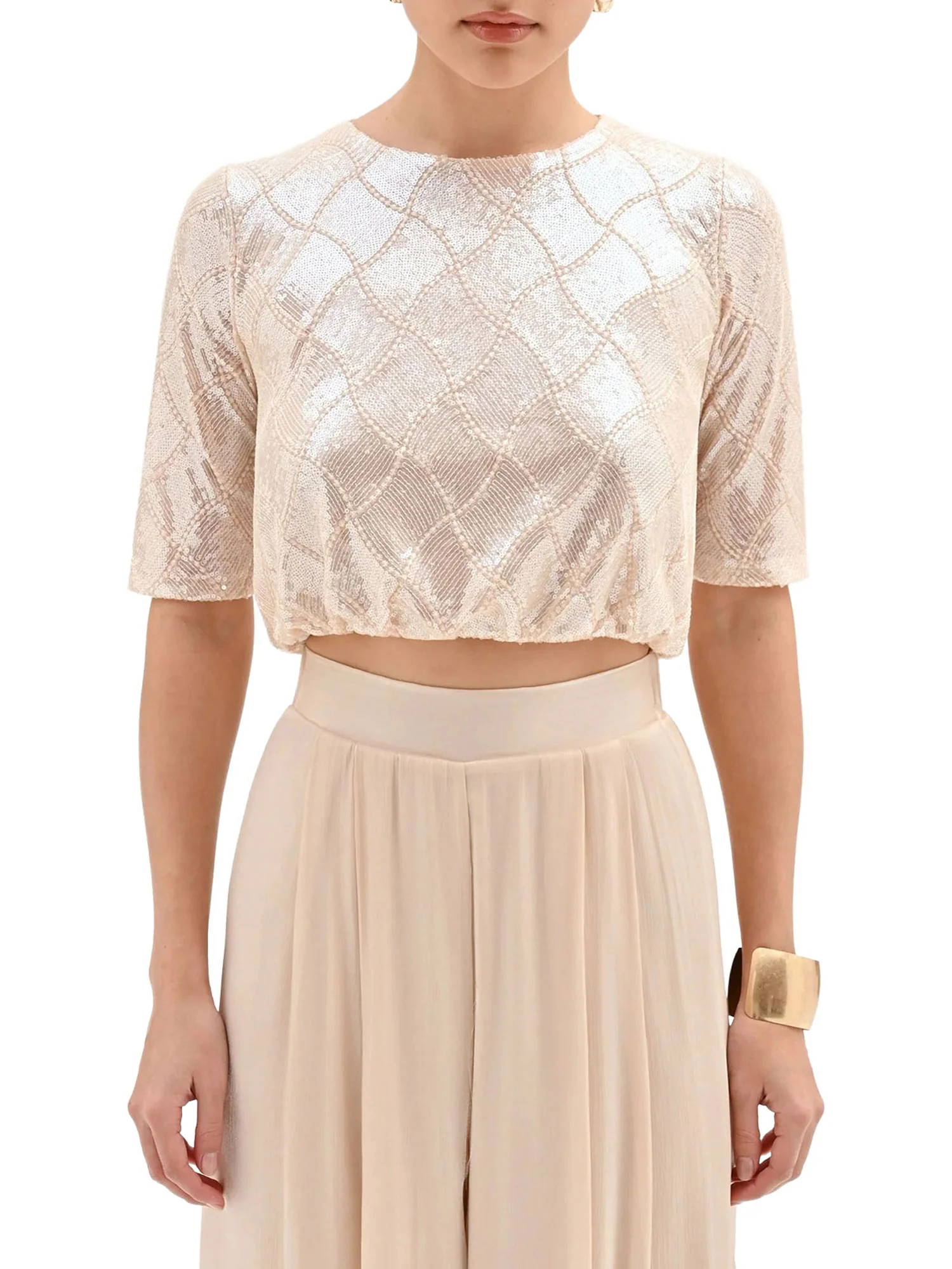 Blusa Rinascimento Donna crop con paillettes beige