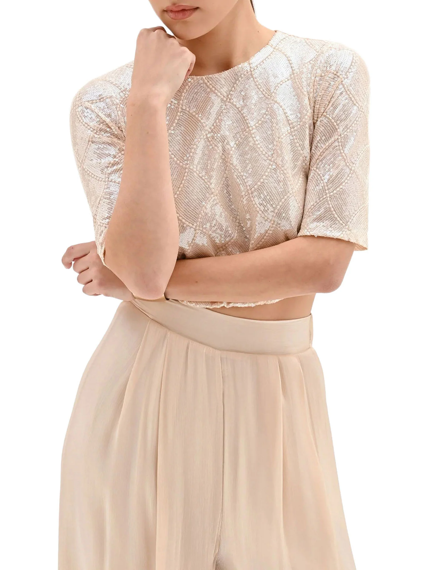 Blusa Rinascimento Donna crop con paillettes beige - Image 3