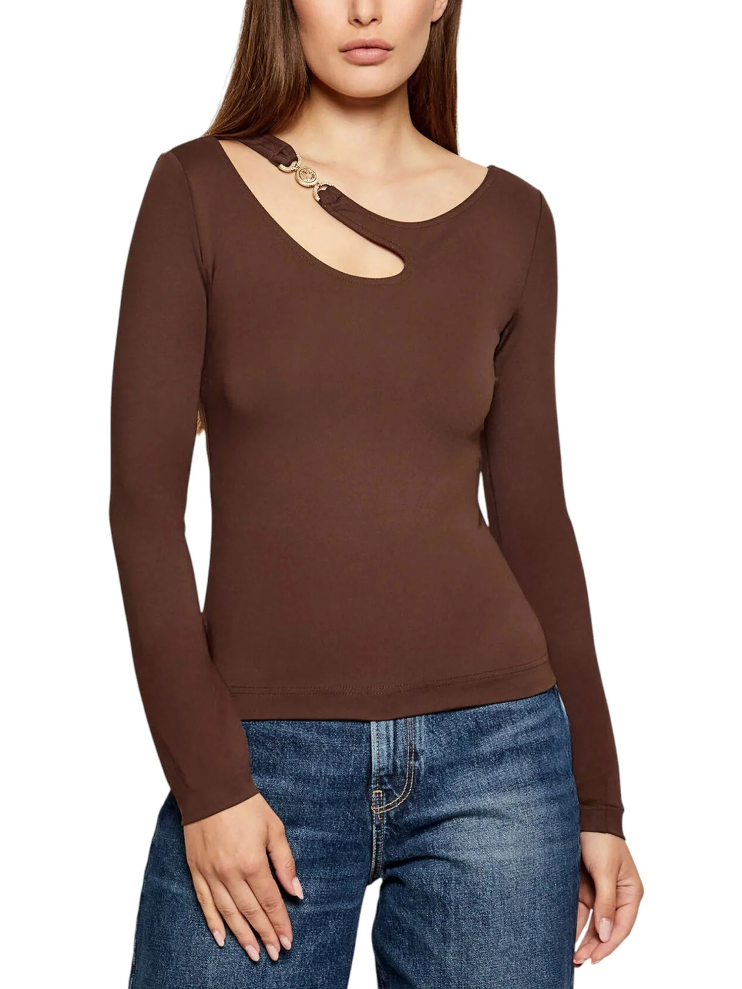 Maglia manica lunga Guess donna buckle Eleanor con scollo cut out moro