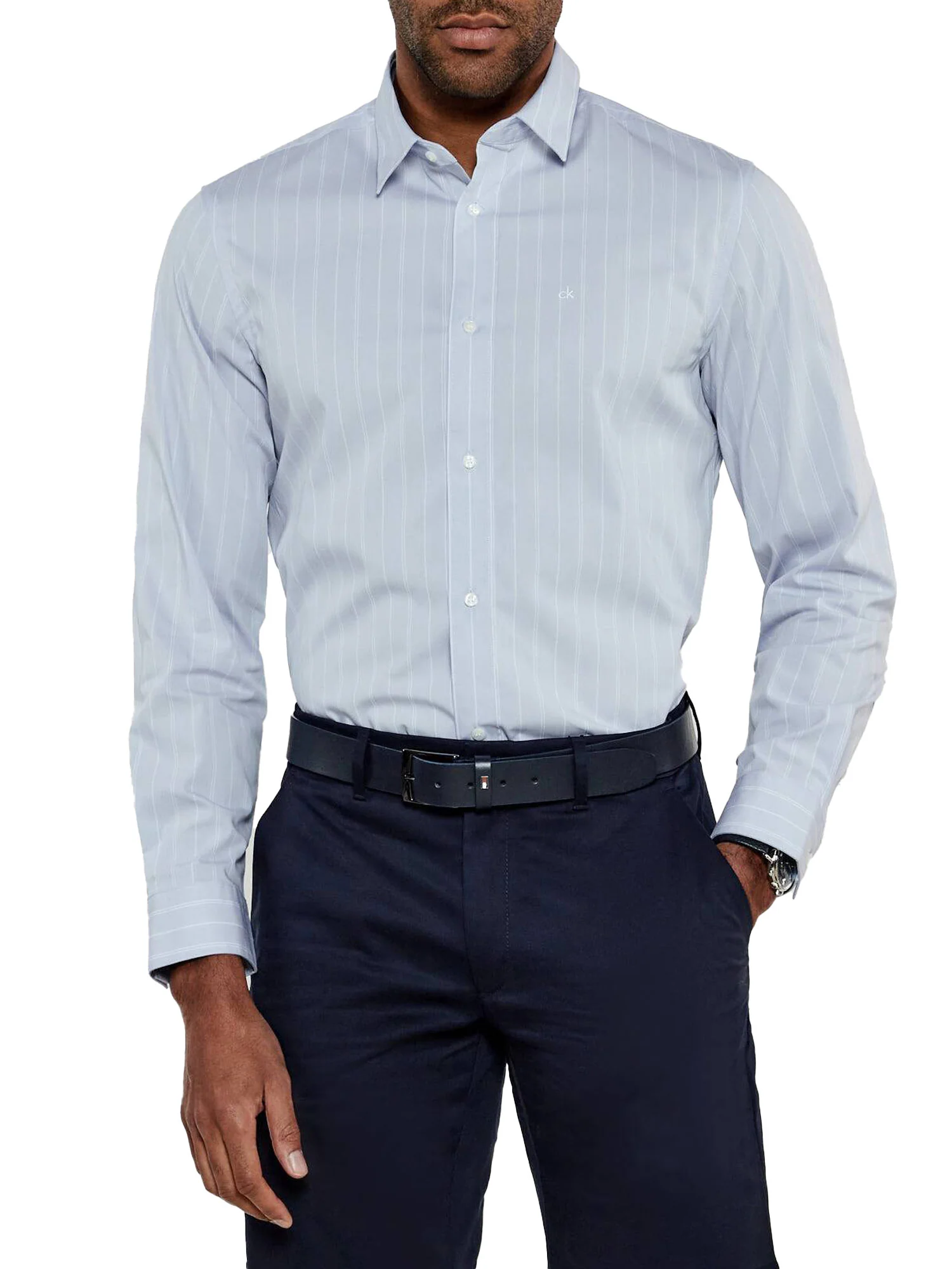 Camicia a righe in popeline celeste - Image 2