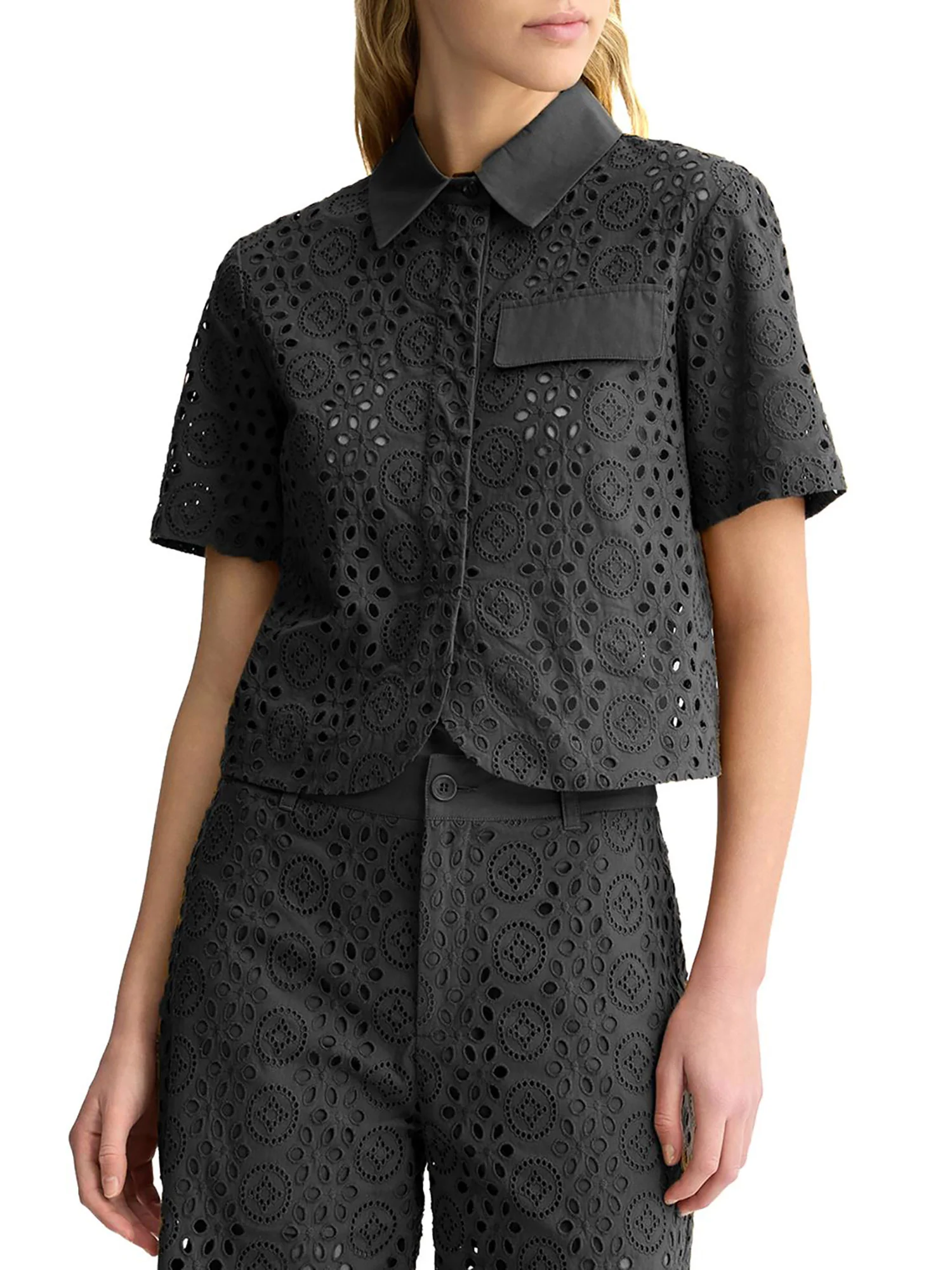 Camicia cropped in sangallo nero