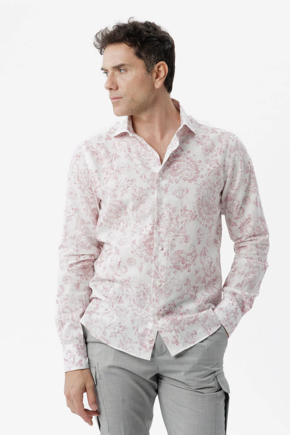 Camicia lino cotone fantasia paisley bordeaux