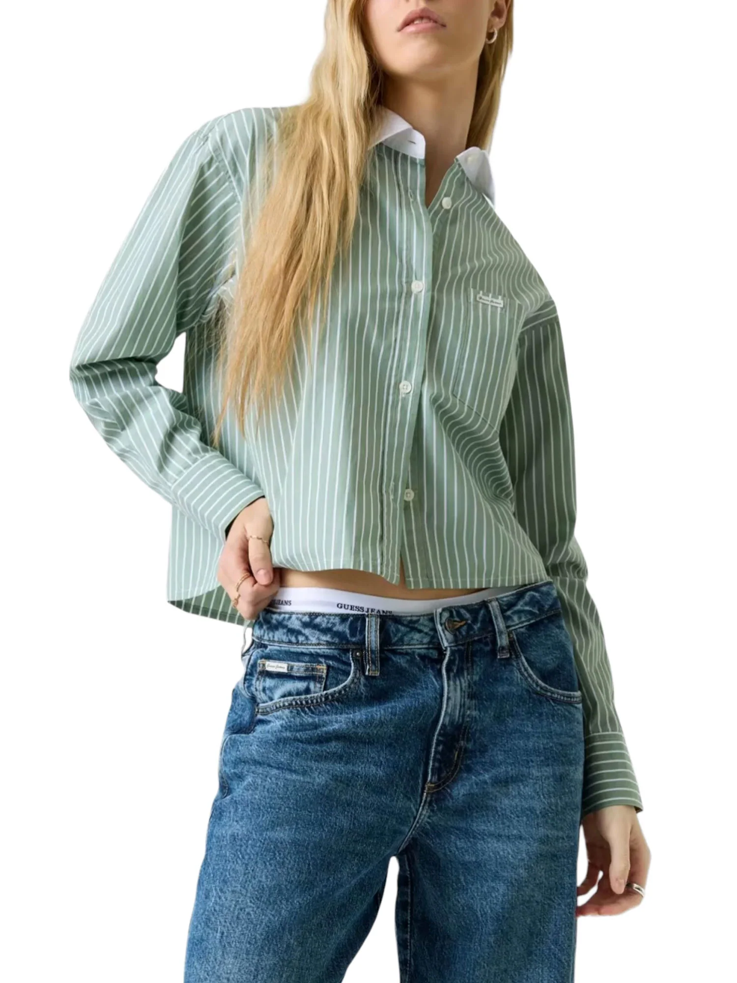 Camicia Guess donna manica lunga Cropped verde/bianco