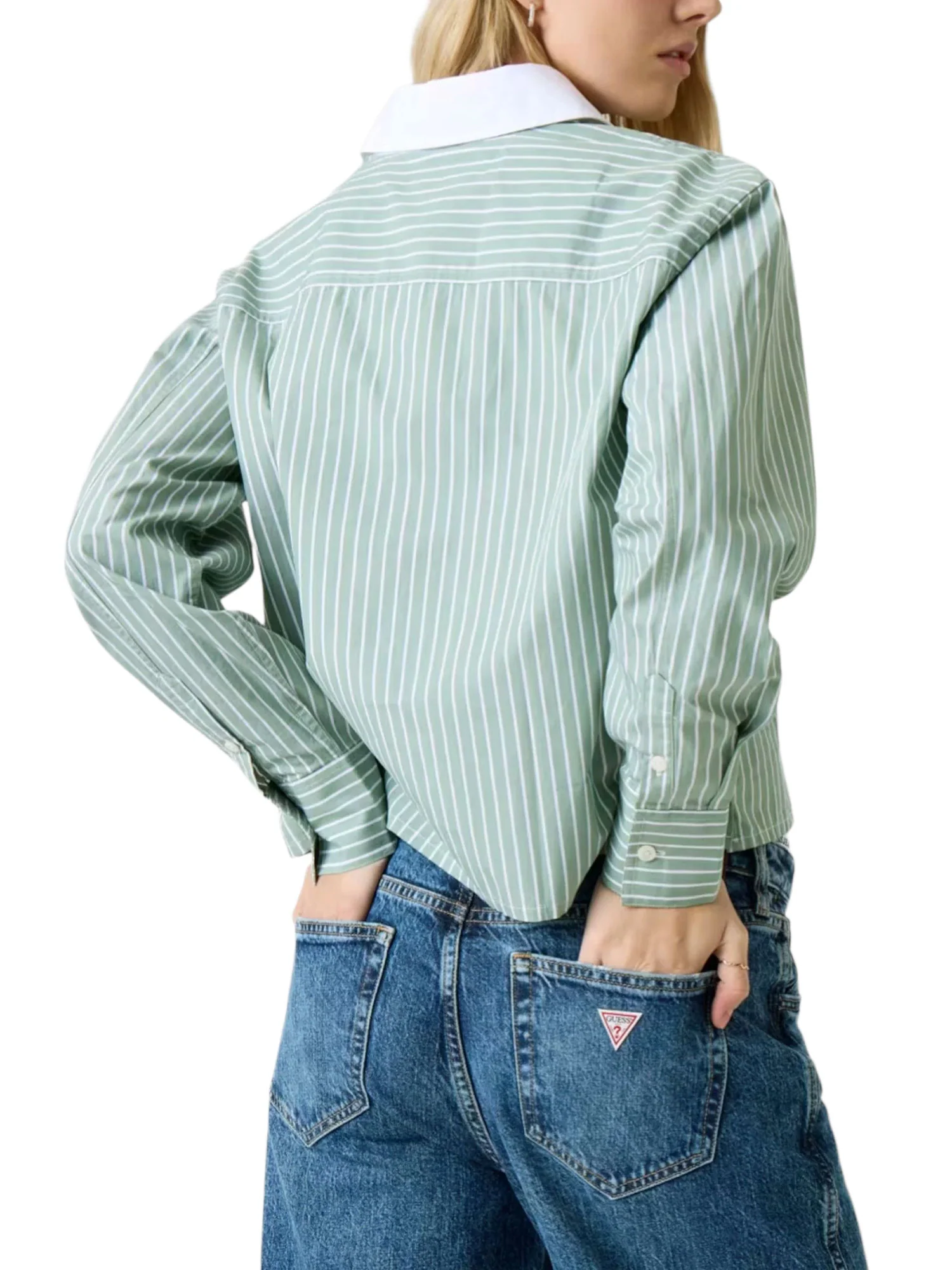 Camicia Guess donna manica lunga Cropped verde/bianco - Image 2