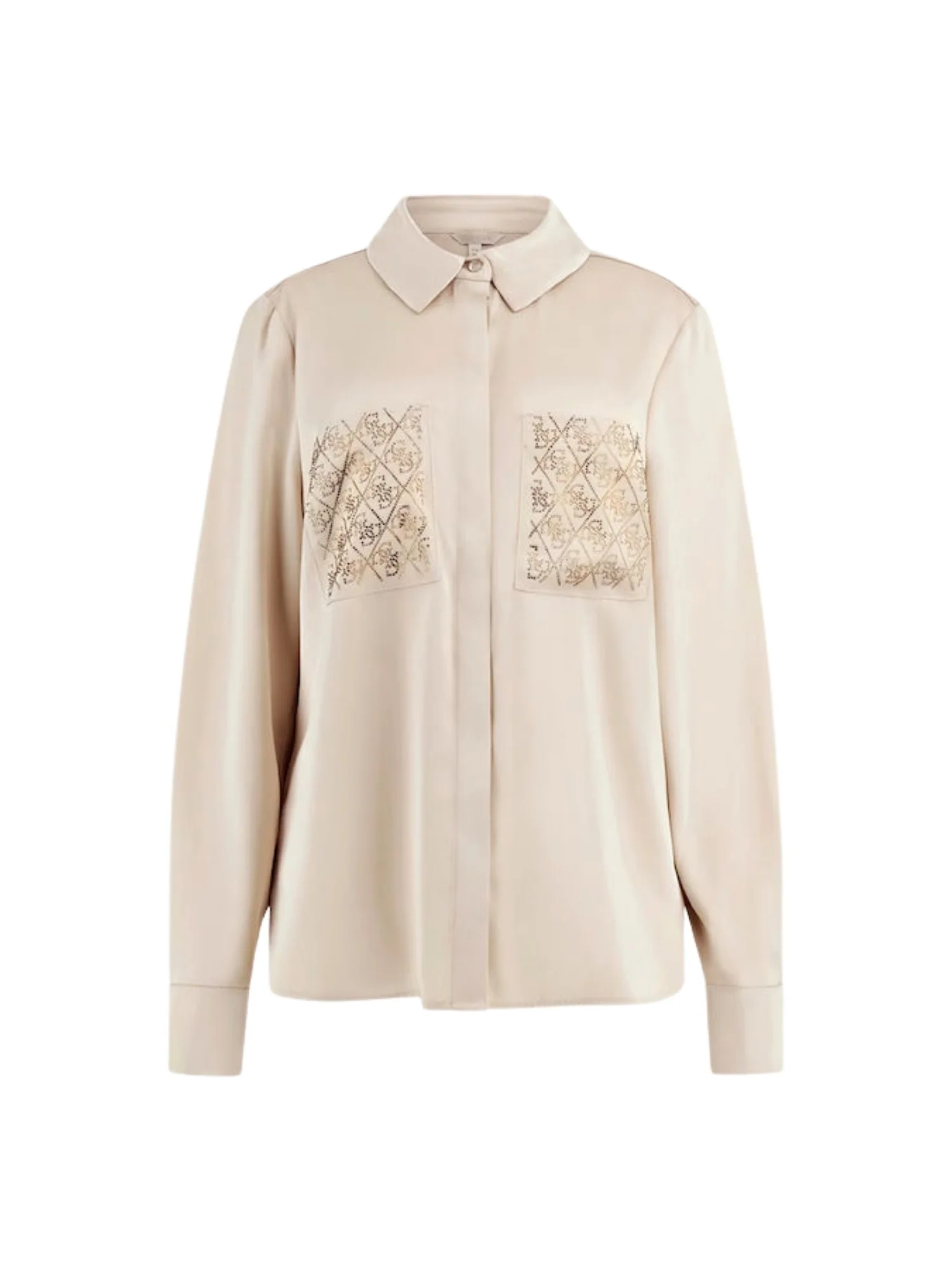 Camicia maniche lunghe Guess donna modello marguerite con hotfix e tasche crema - Image 4