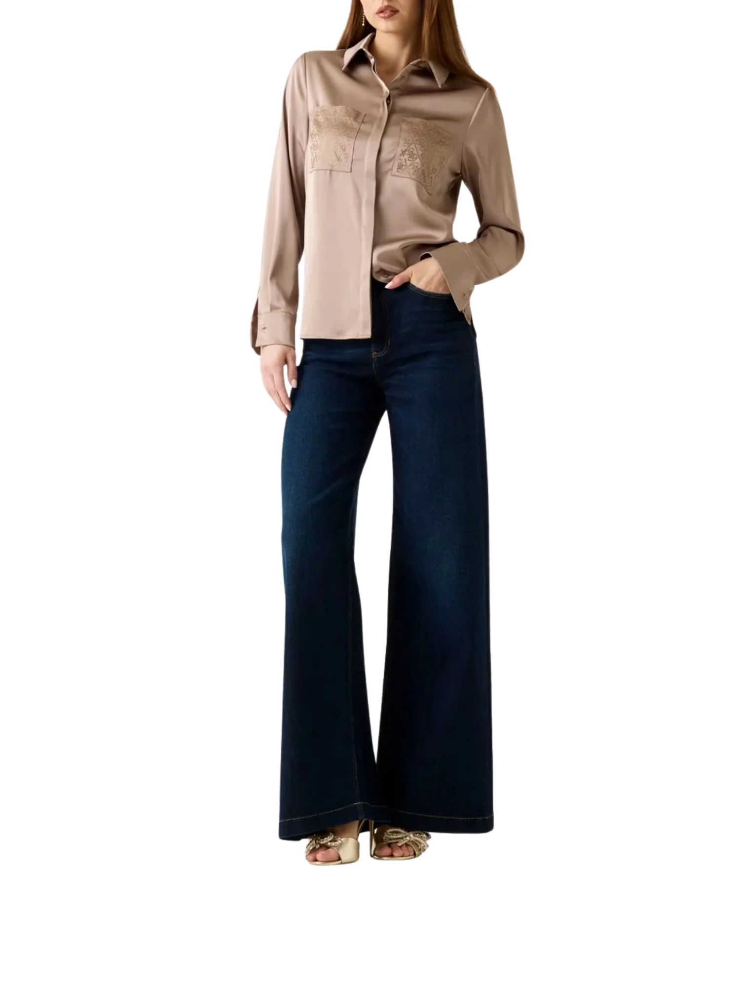 Camicia maniche lunghe Guess donna modello marguerite con hotfix e tasche fango - Image 2