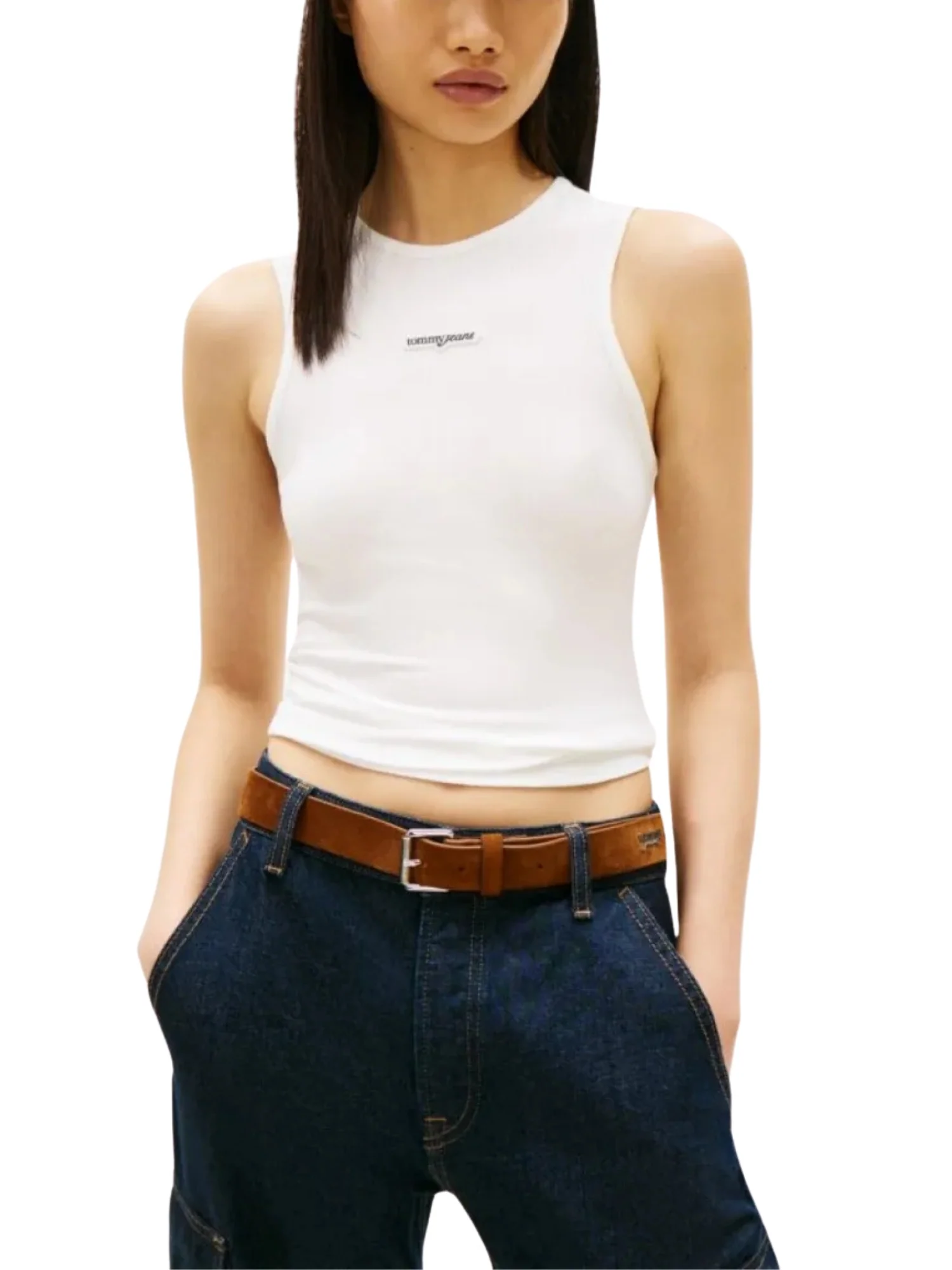 Canotta slim modello script label ecrù