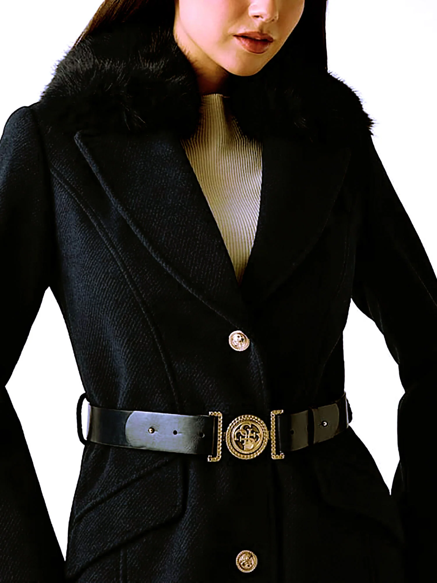 Cappotto con cintura Guess donna con pelliccetta nero - Image 3