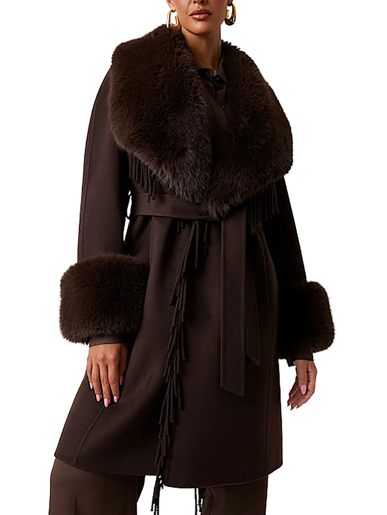 Cappotto Liliana Guess my Marciano donna con pelliccia e frange moro