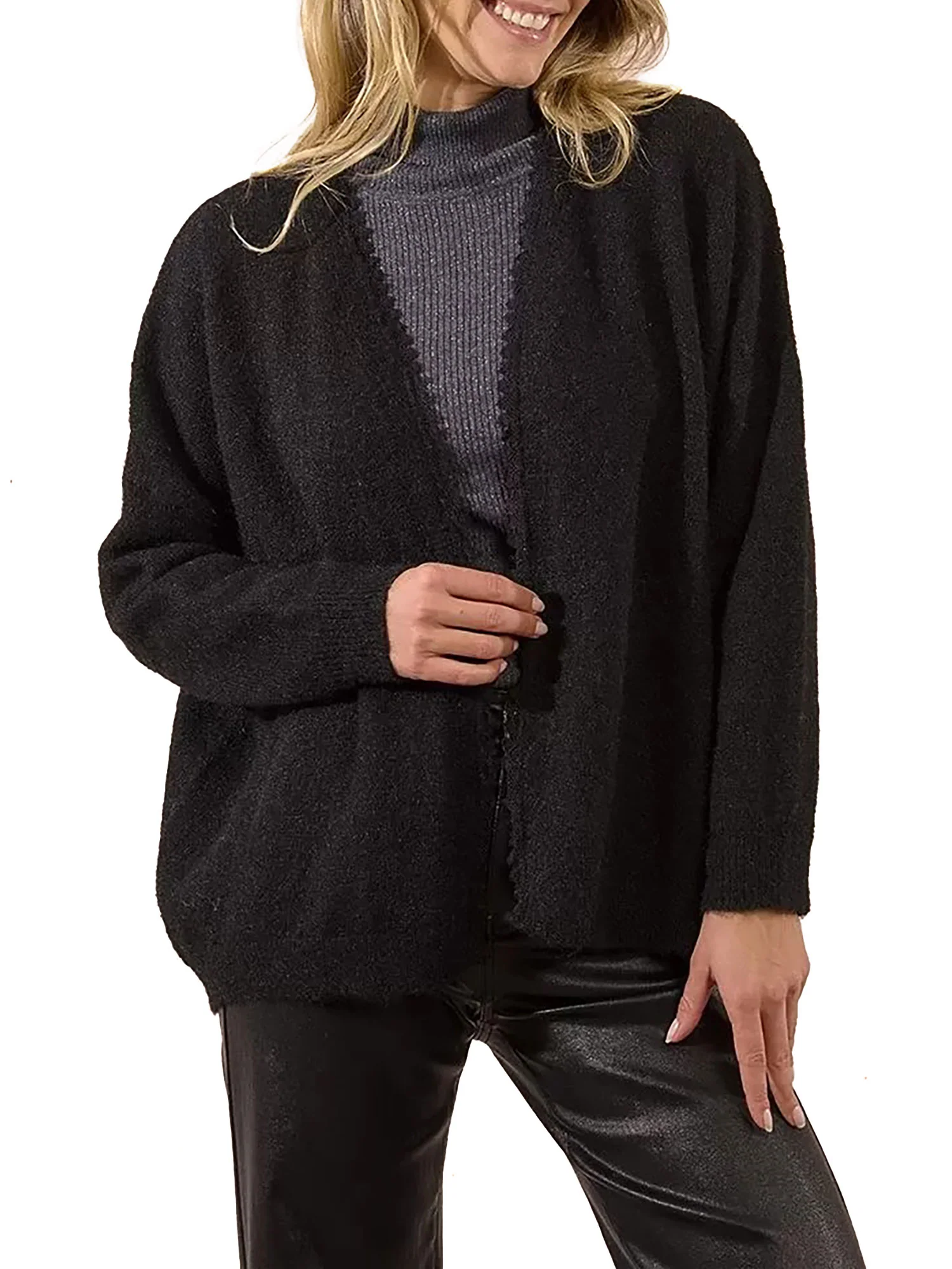 Cardigan aperto Molly Bracken donna profilo ricami nero - Image 3