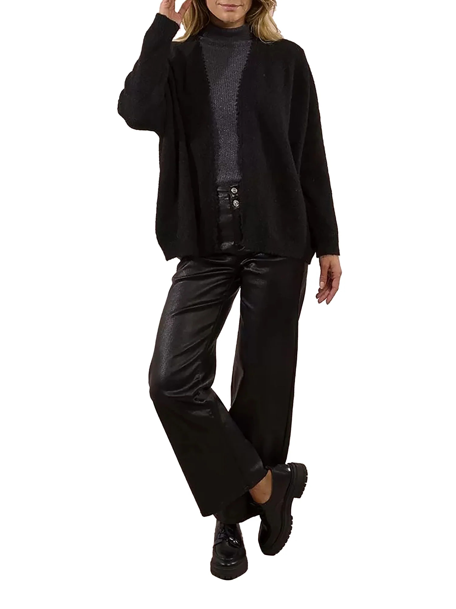 Cardigan aperto Molly Bracken donna profilo ricami nero - Image 4