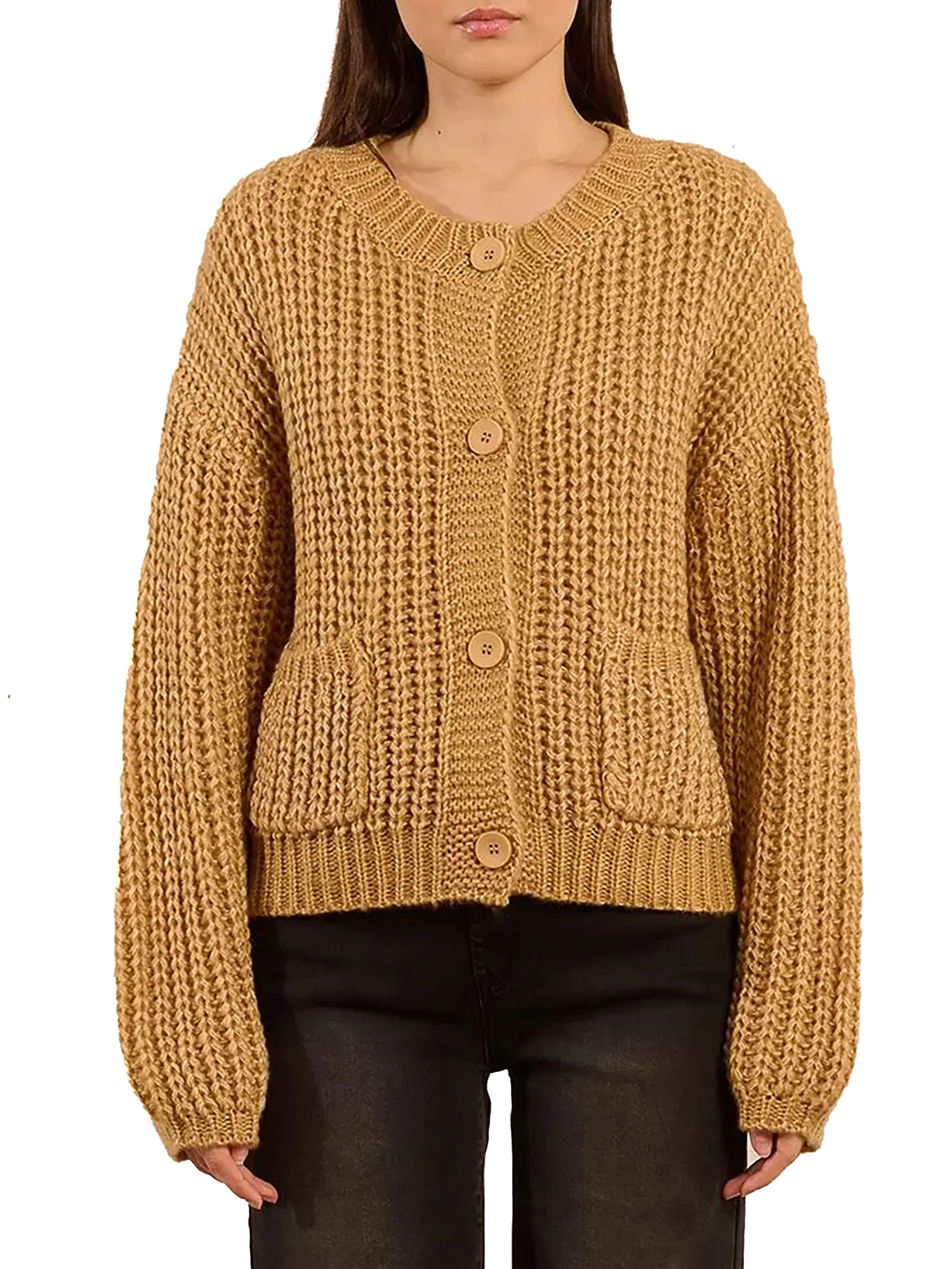 Cardigan Molly Bracken donna con tasche e bottoni lavorato beige/oro