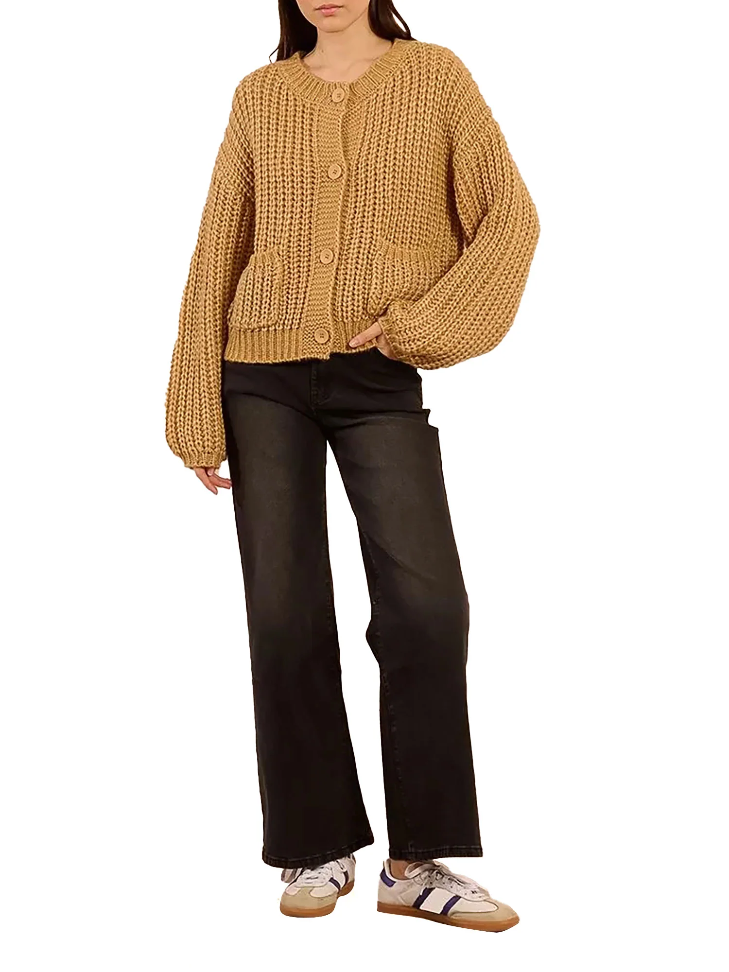 Cardigan Molly Bracken donna con tasche e bottoni lavorato beige/oro - Image 4