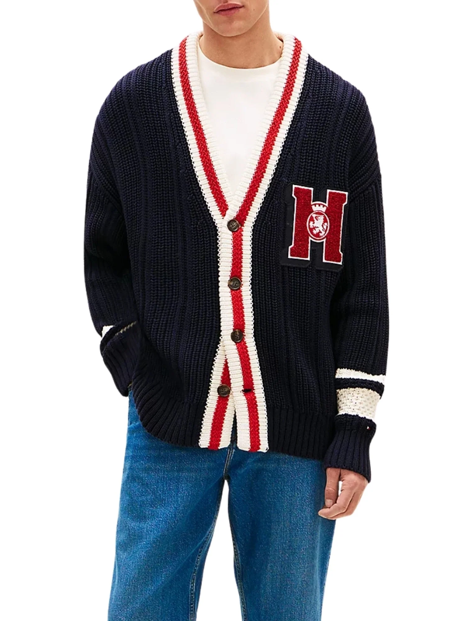 Cardigan con bottoni Tommy Hilfiger modello letterman blu