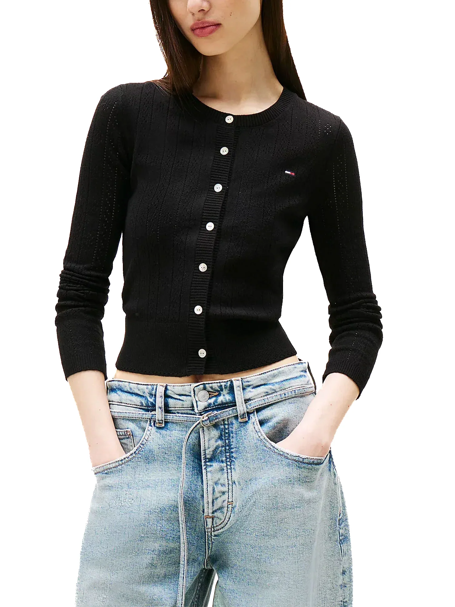 Cardigan con bottoni Pointelle nero - Image 5
