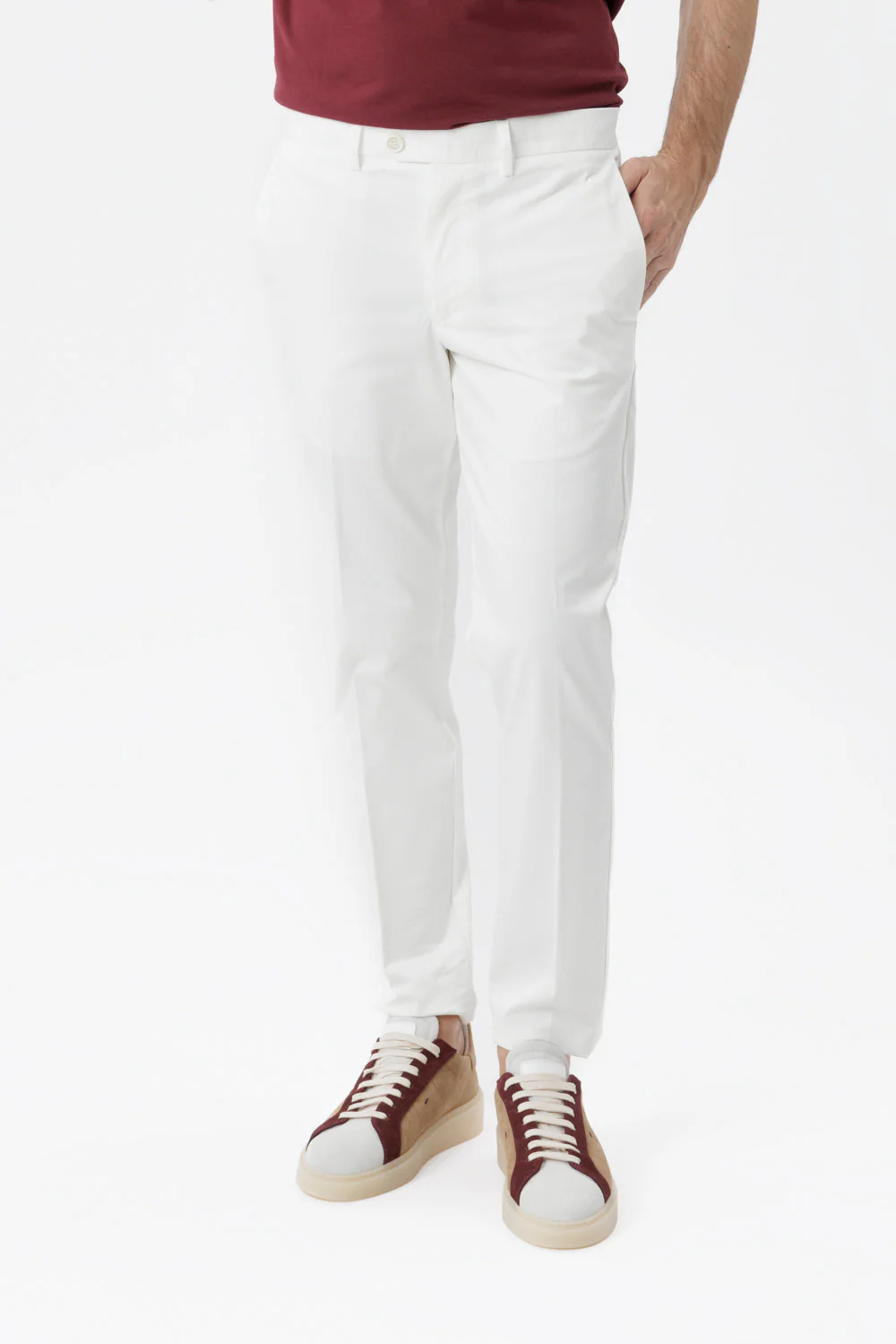 Pantaloni chino Sorrento in cotone stretch con chiusura nascosta panna