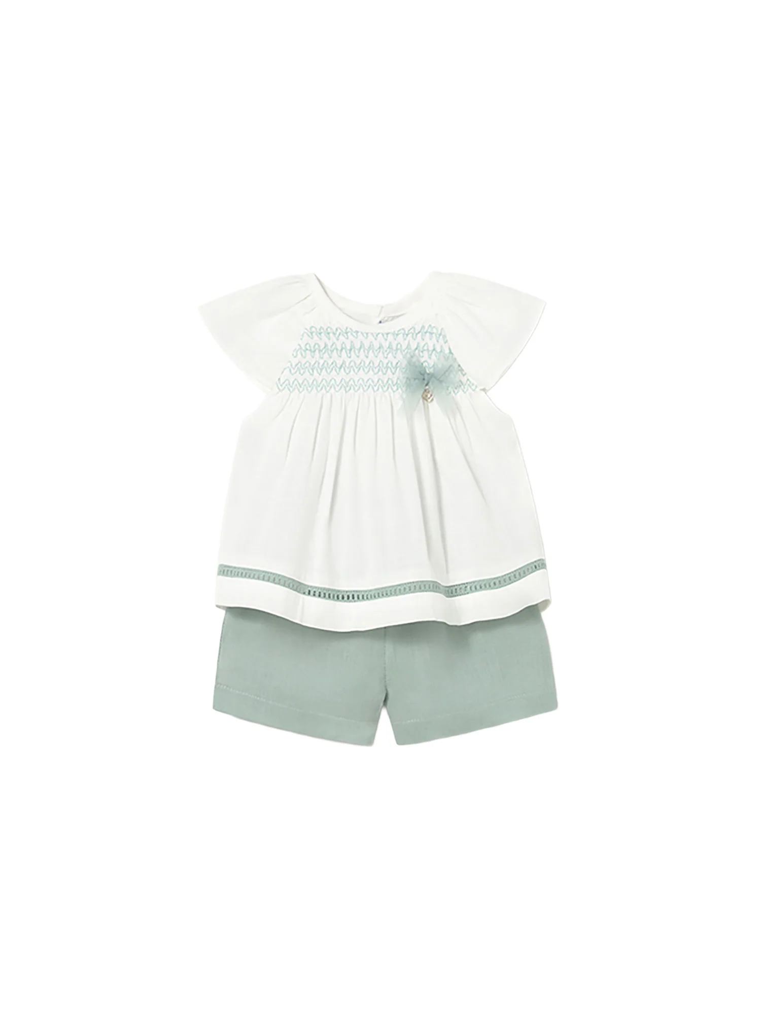Completo Mayoral Bambina blusa e bermuda con applicazioni verde acqua