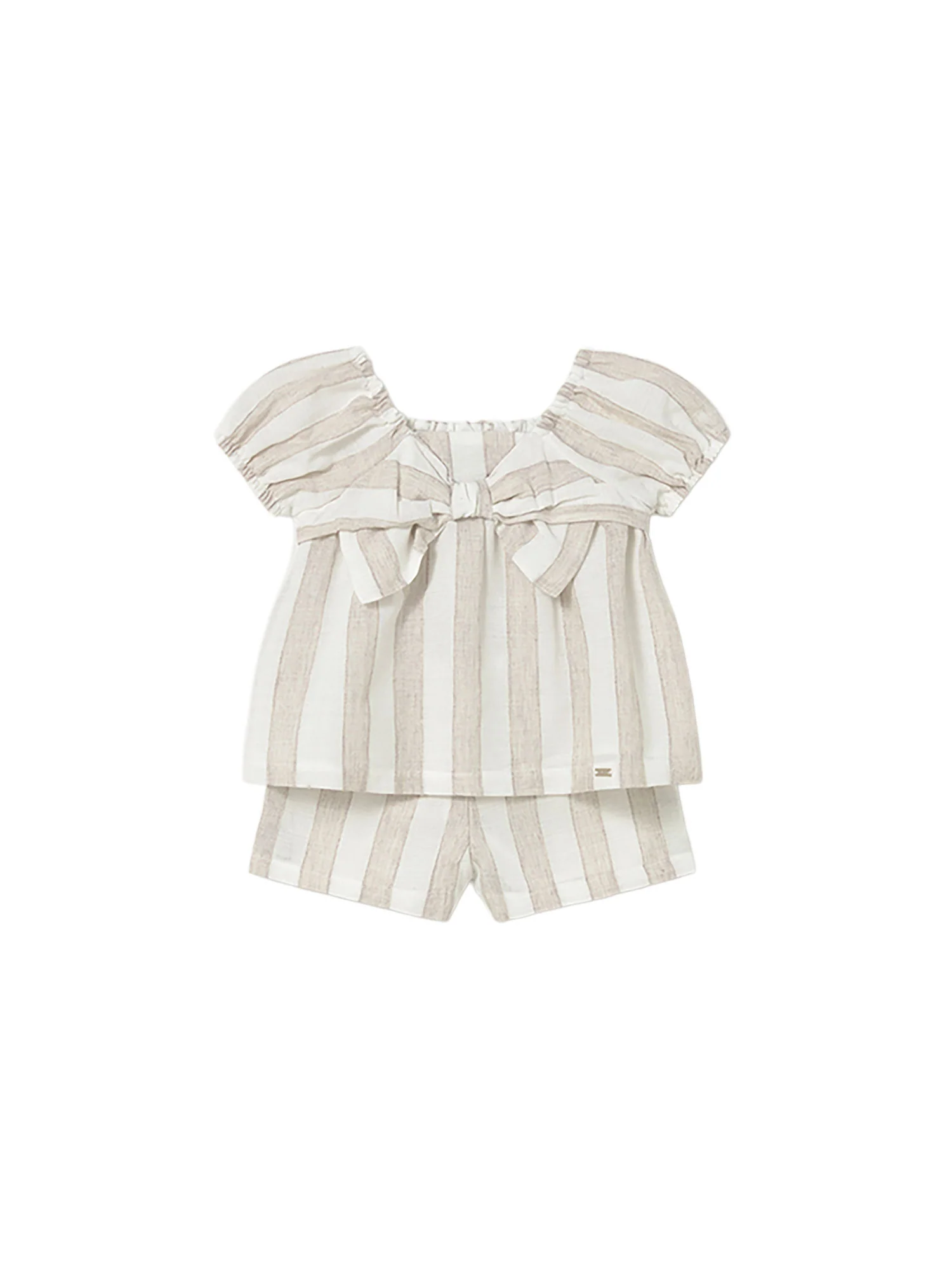 Completo Mayoral neonata blusa e bermuda a righe nocciola - Image 2