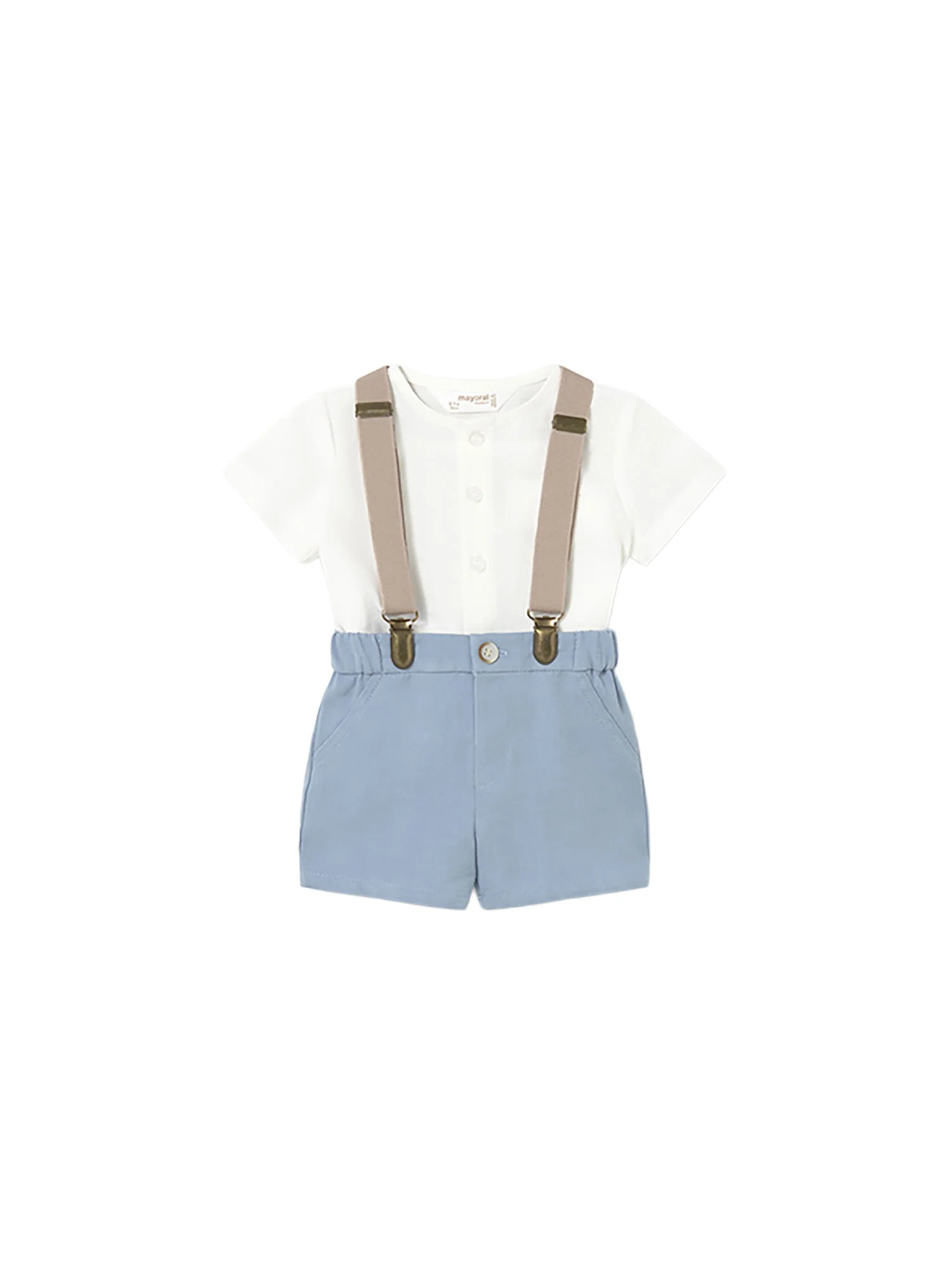 Completo Mayoral neonato camicia e shorts con bretelle regata