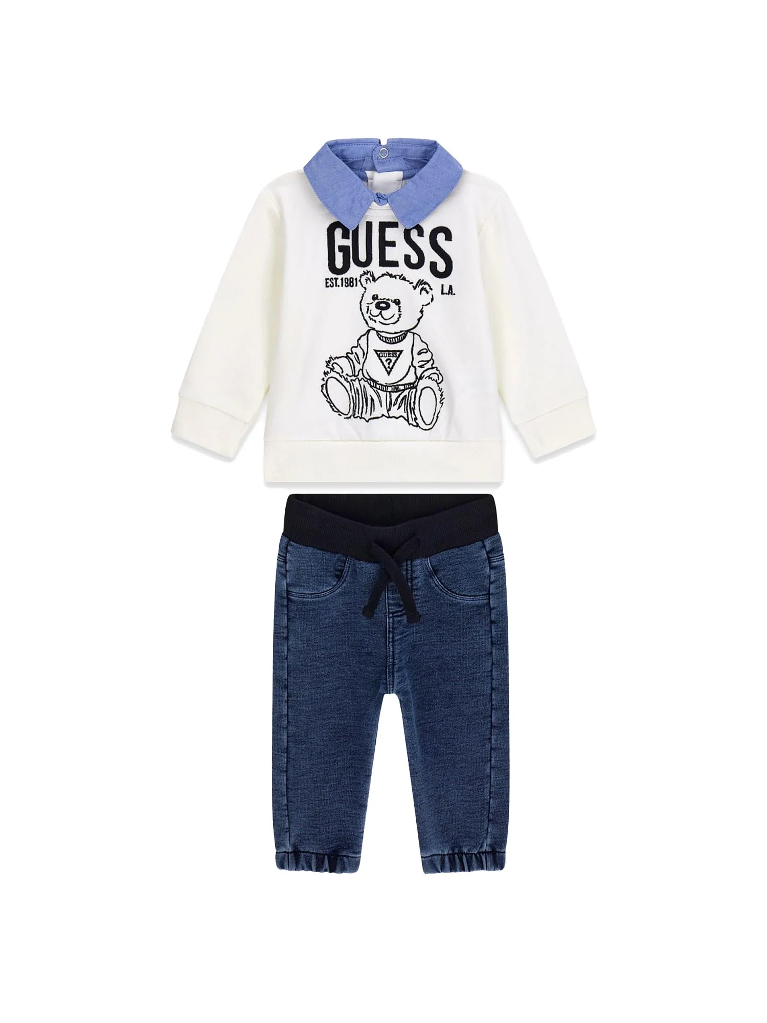 Completo Guess Neonato felpa e jeans ricamo bear bianco