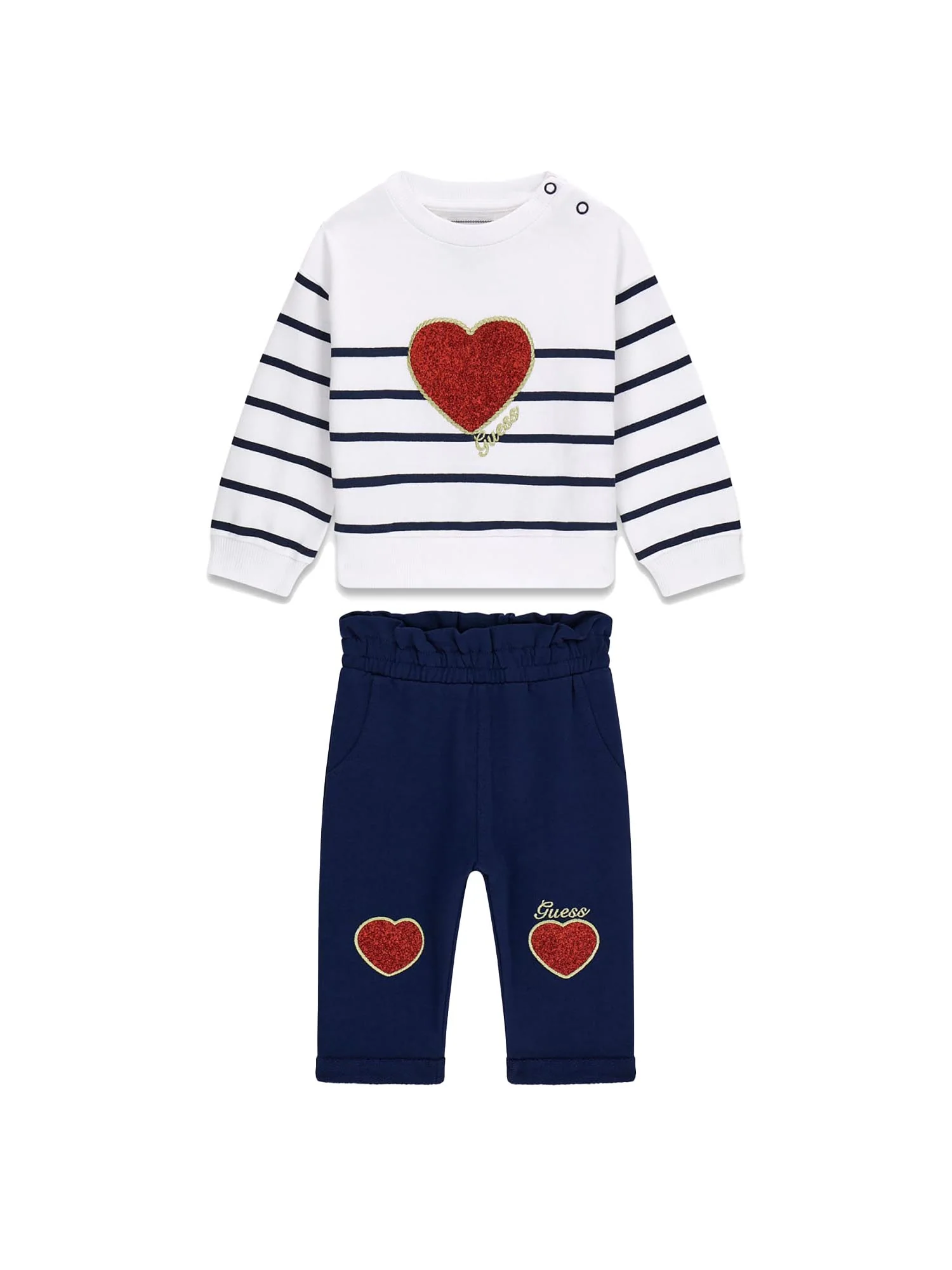 Completo Guess Neonata felpa e pantalone heart logo bianco