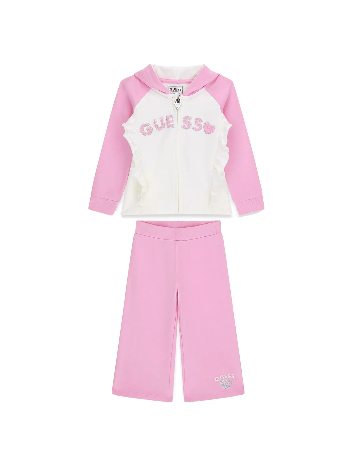 Completo Guess Bambina felpa e pantalone paillettes logo rosa/bianco