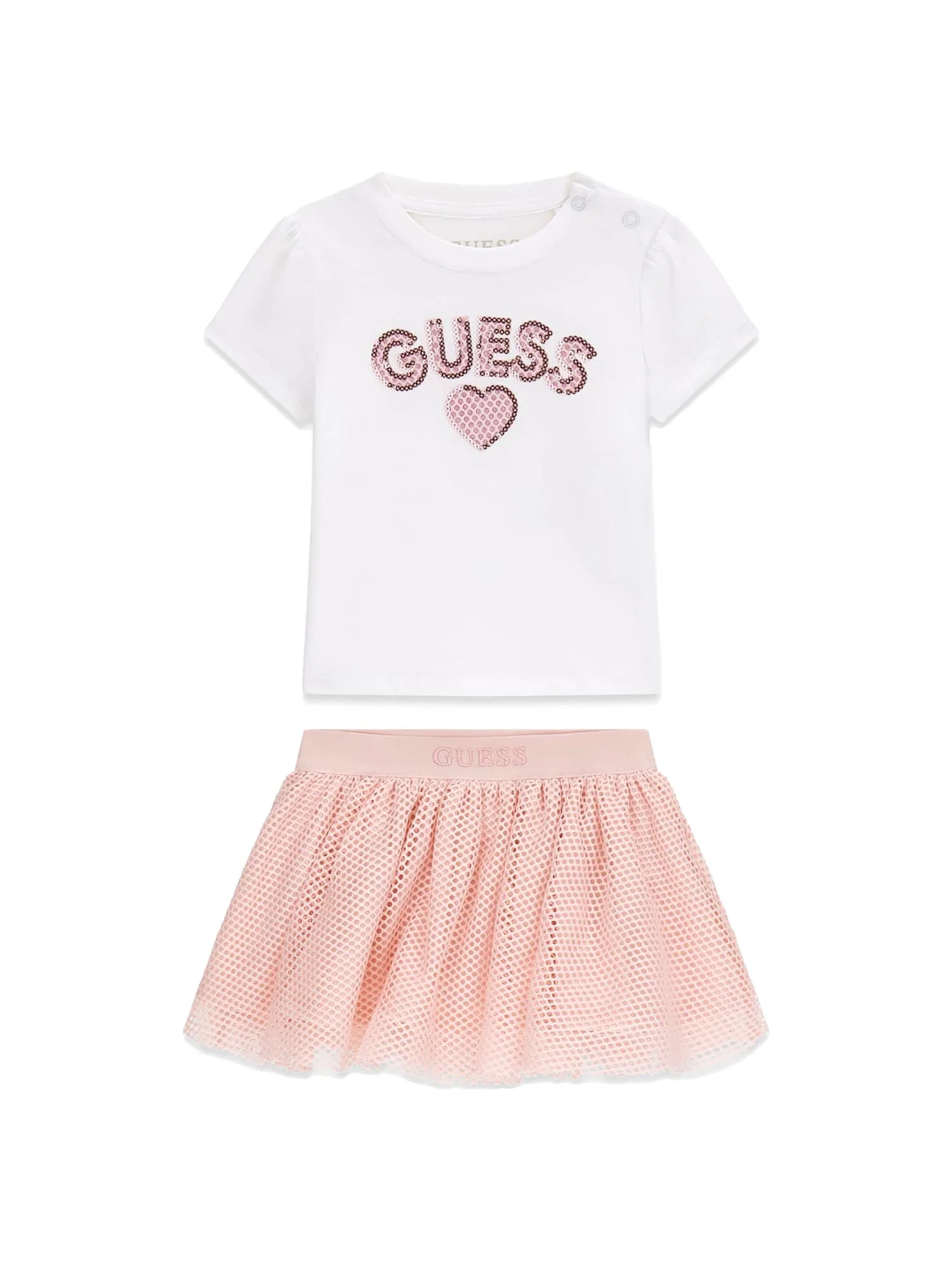 Completo Guess Neonata t-shirt e gonna paillettes logo bianco