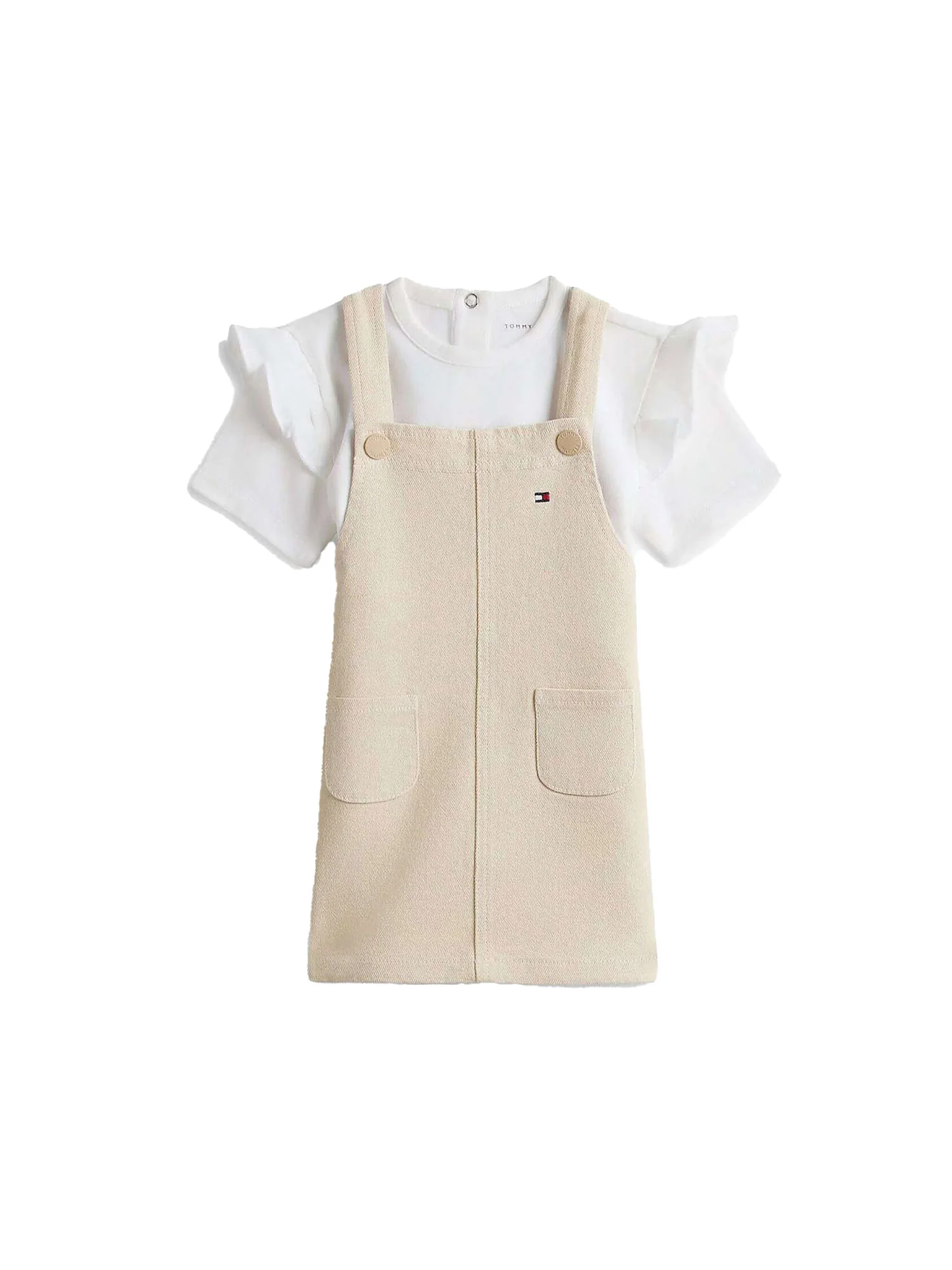 Completo due pezzi Tommy Hilfigher Neonata t-shirt e salopette dress beige