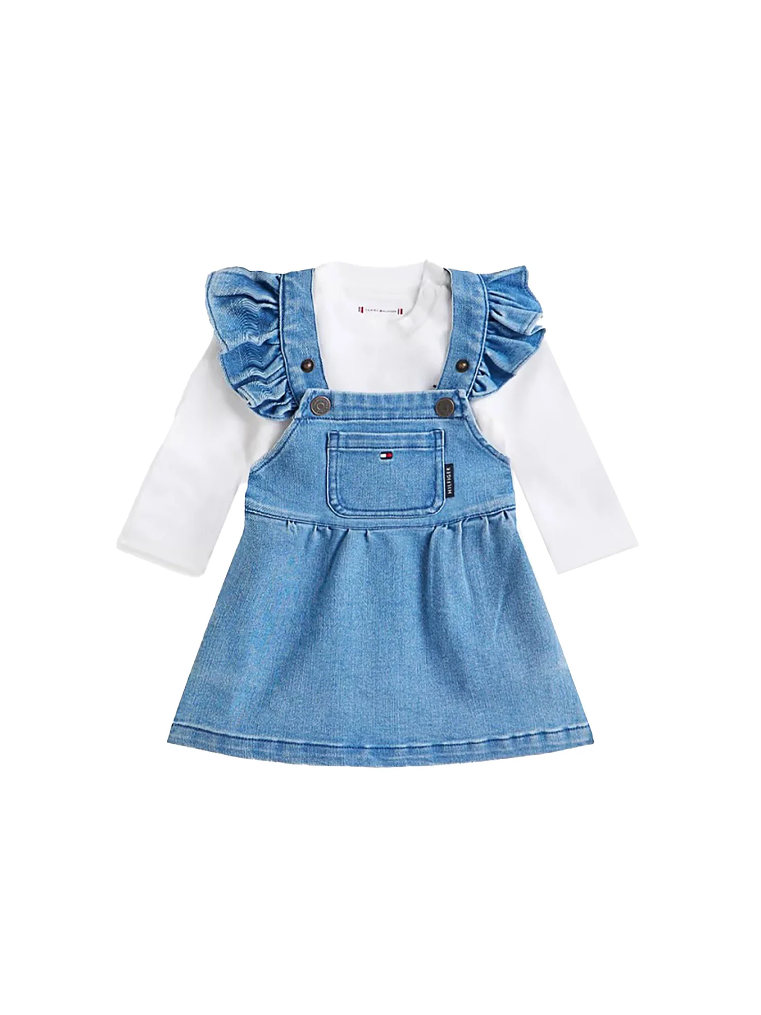 Completo due pezzi Tommy Hilfigher Neonata t-shirt e salopette in jeans denim medio