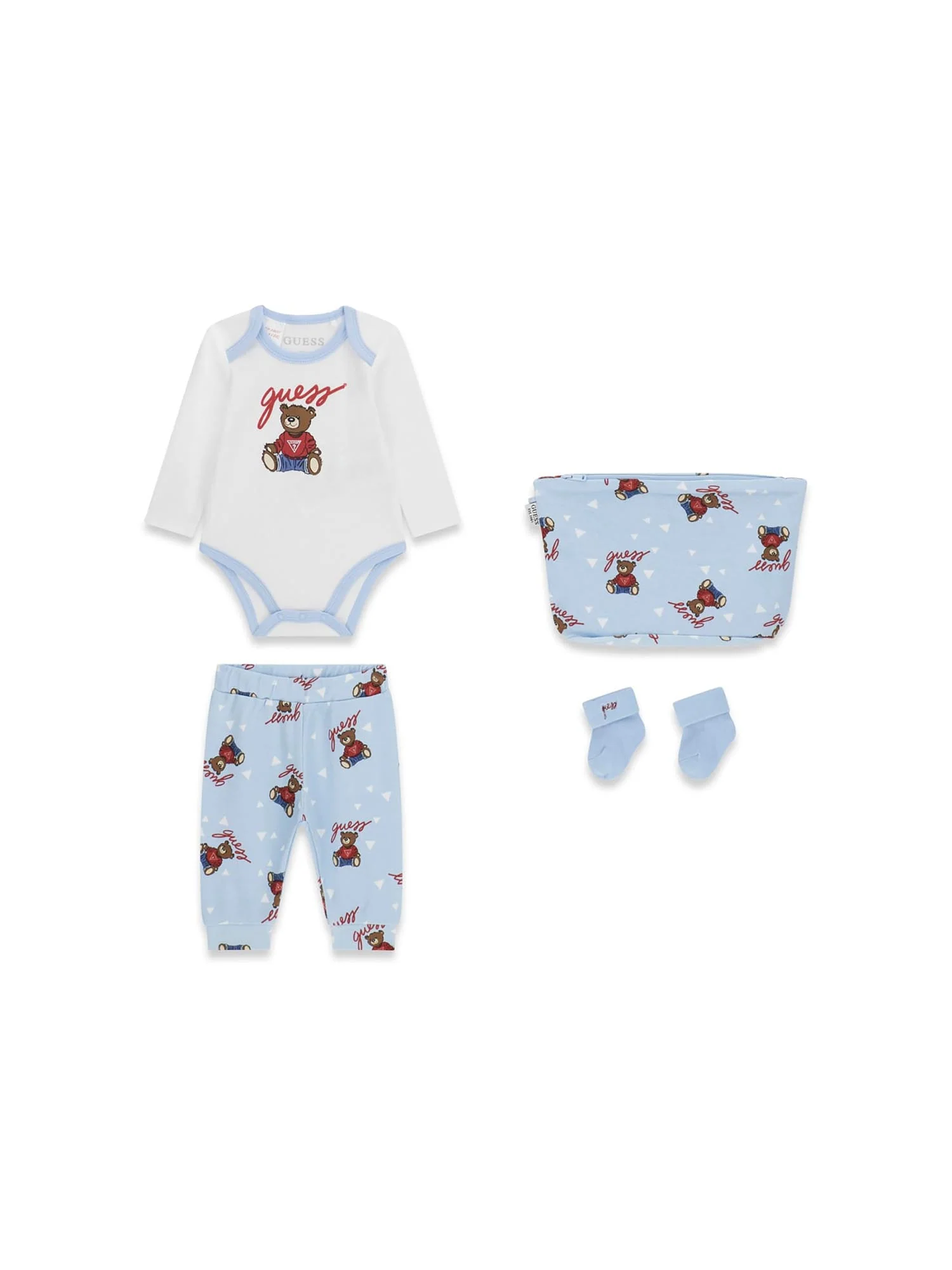 Completo Guess Neonato body, pantalone e calze bear blu