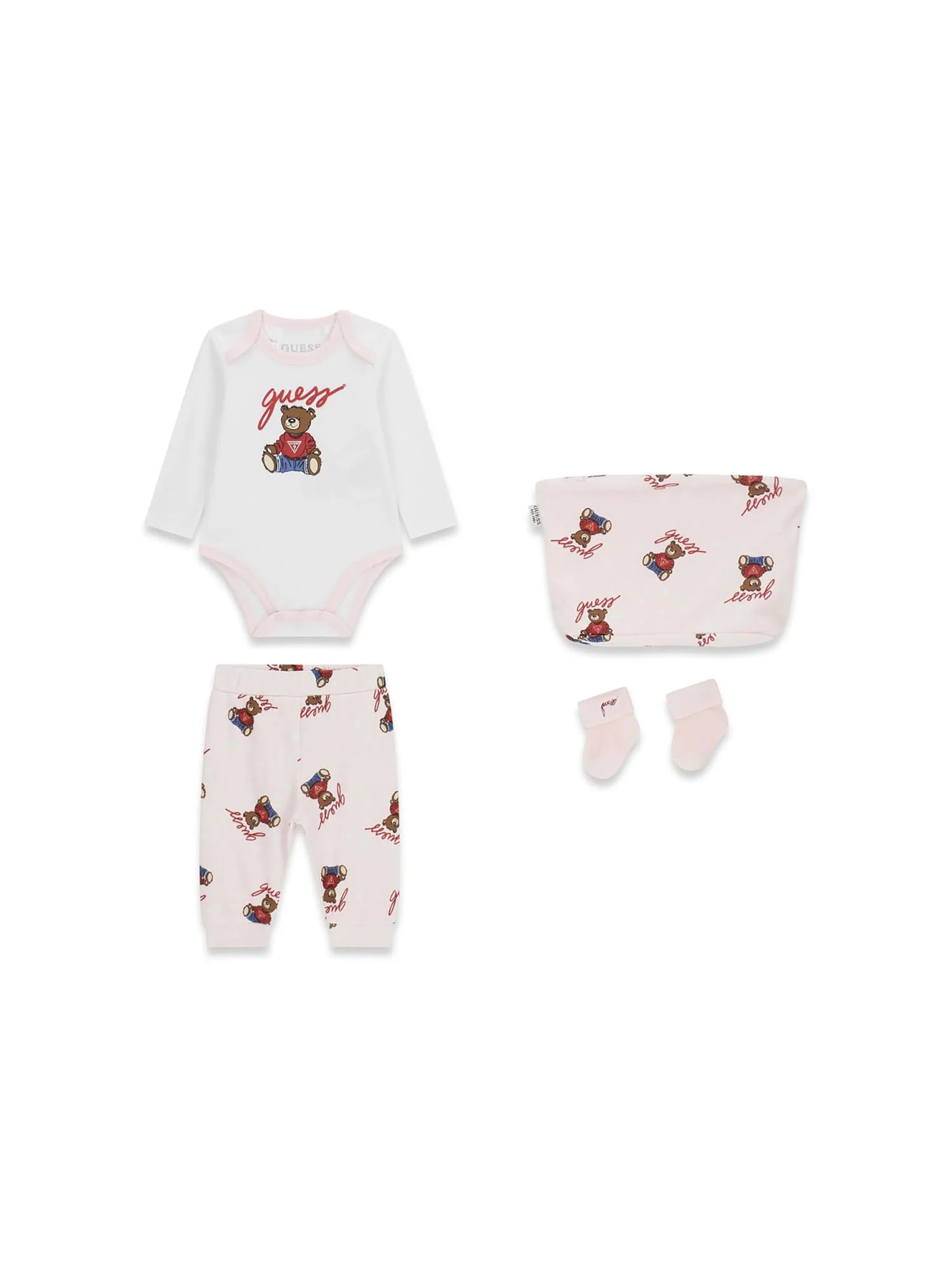 Completo Guess Neonata body, pantalone e calze bear rosa