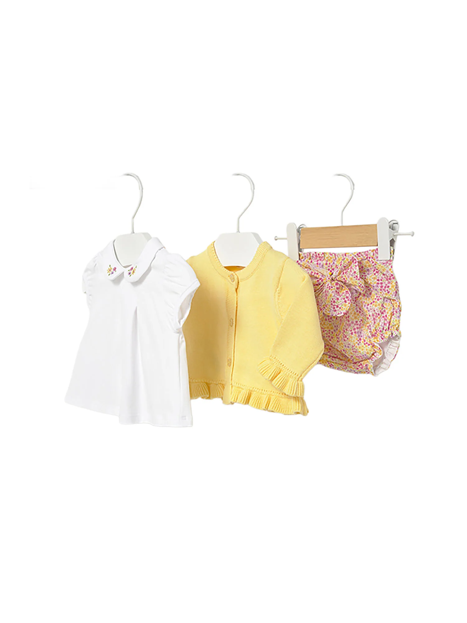 Completo Mayoral Neonata cardigan, blusa e shorts giallo multi