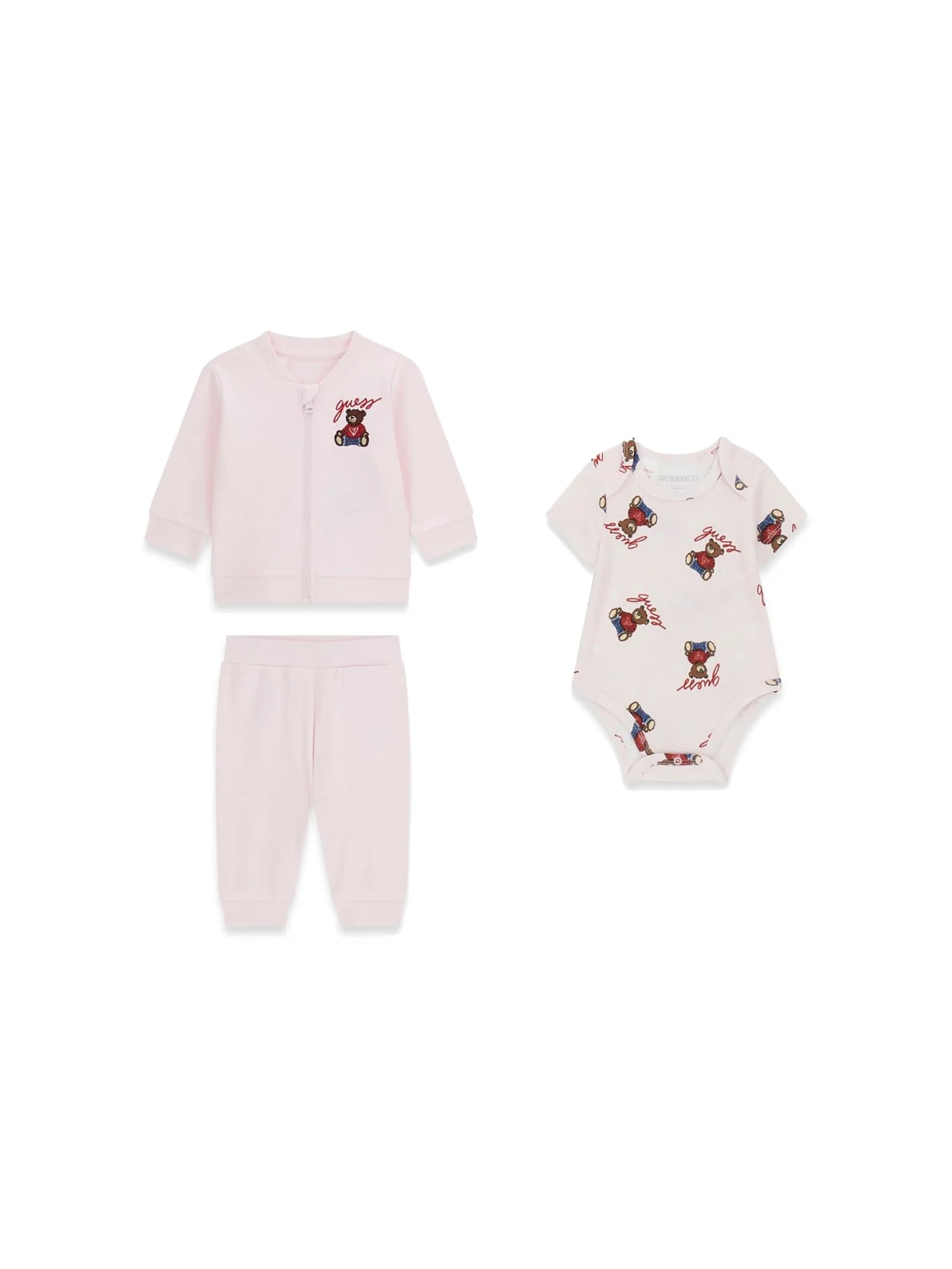 Completo Guess Neonata felpa, body e pantalone bear rosa