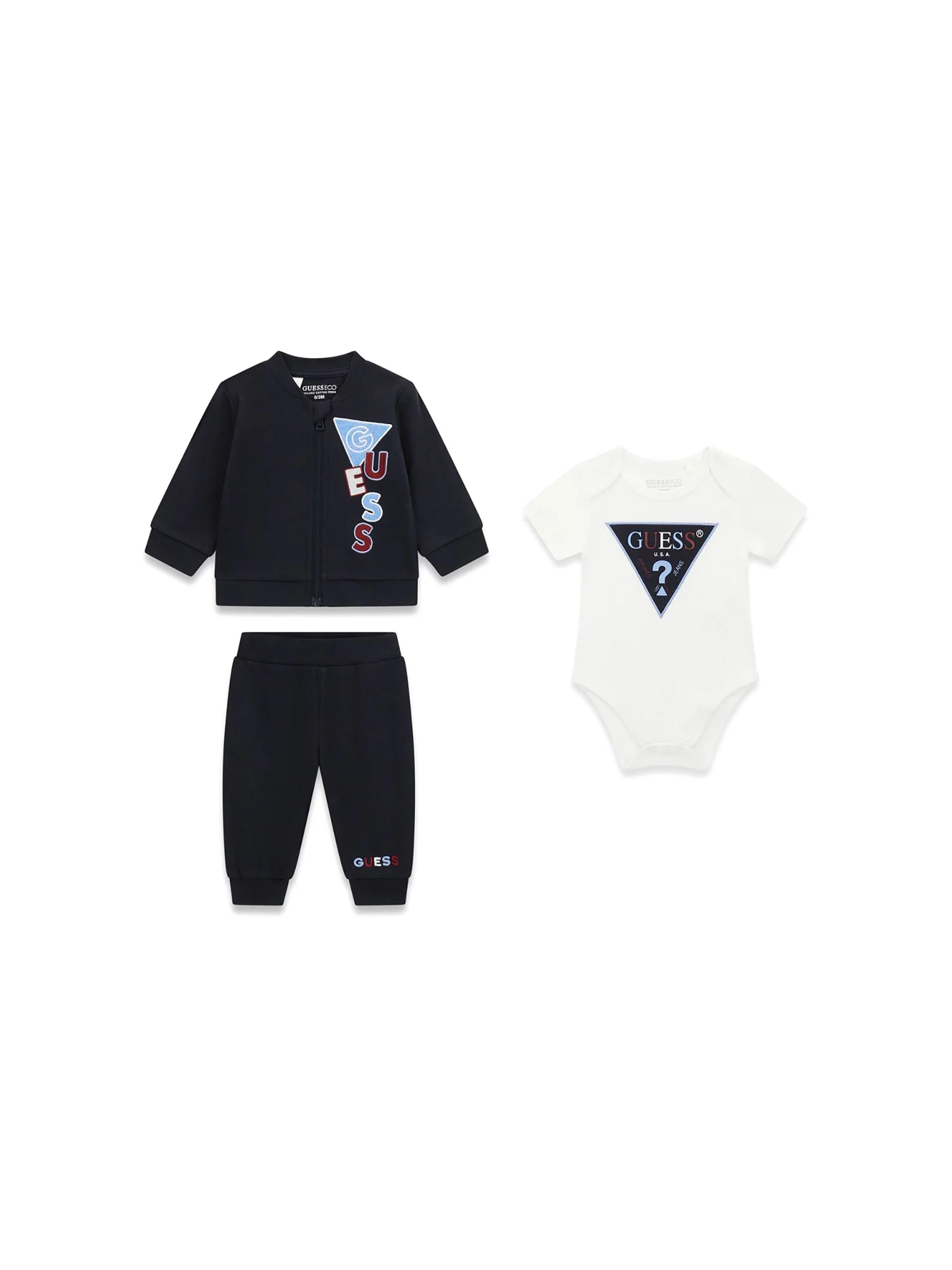 Completo Guess Neonato felpa, body e pantalone ricamo blu - Image 2