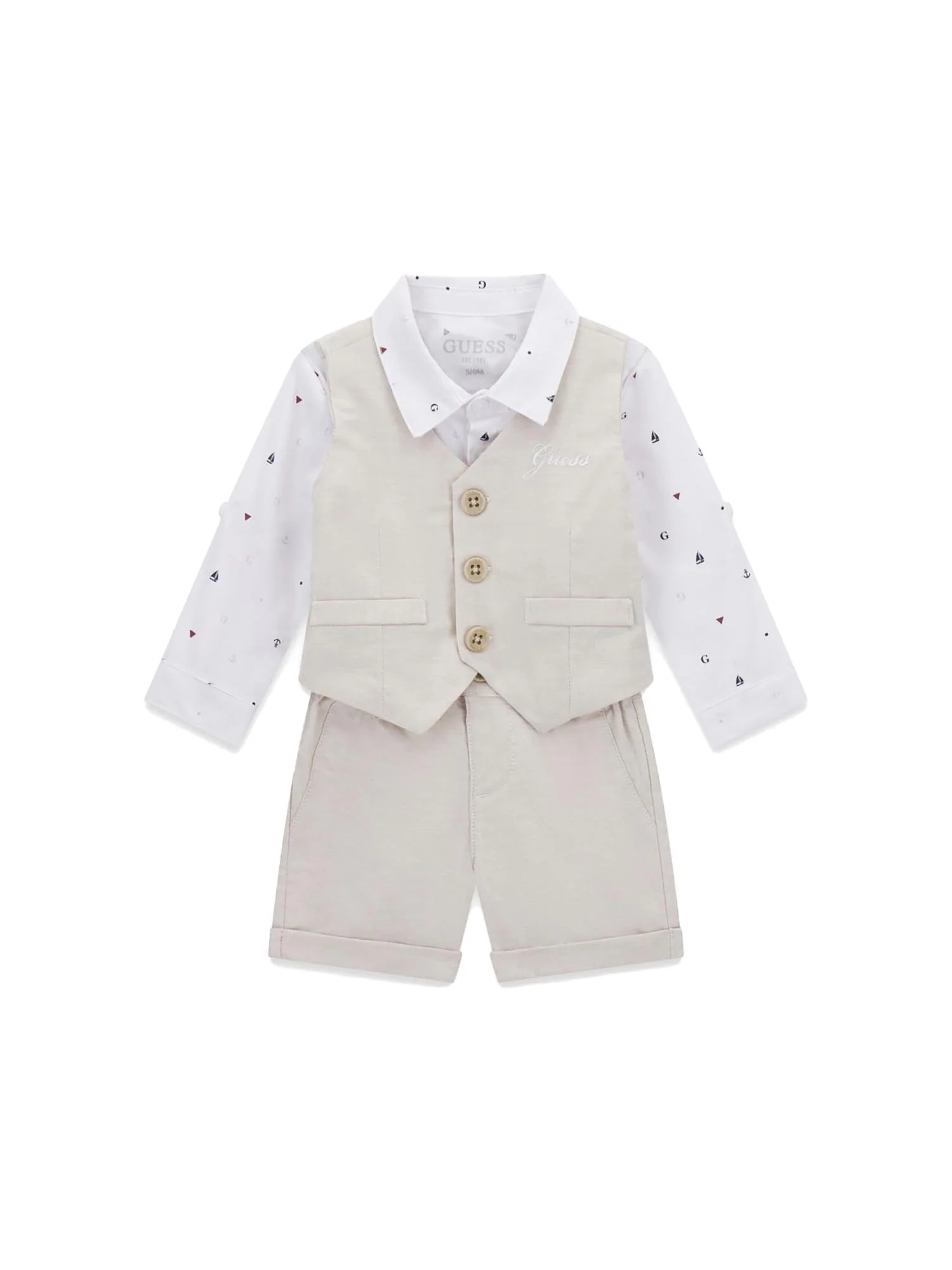 Completo Guess Neonato gilet, camicia e shorts taupe