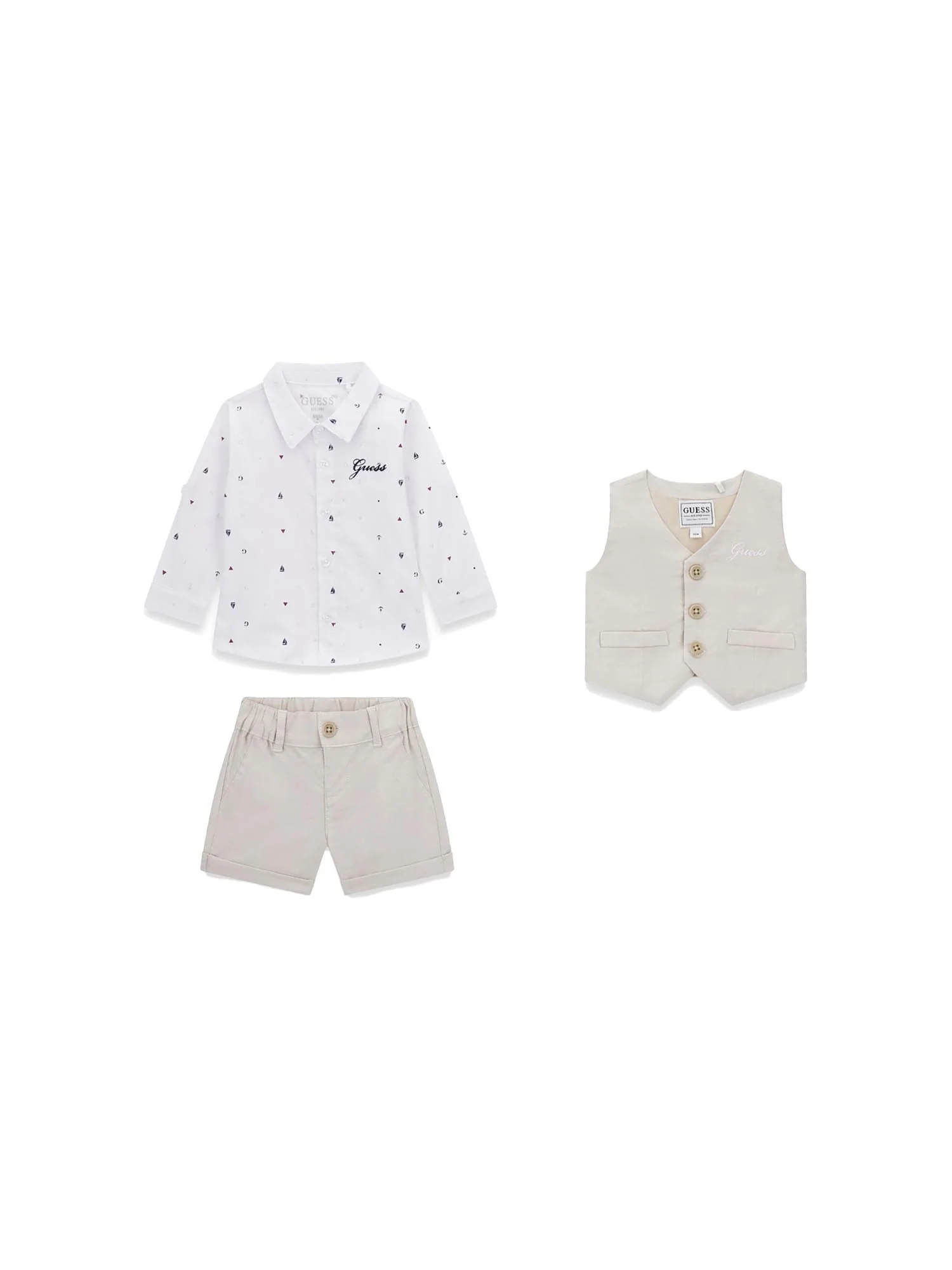 Completo Guess Neonato gilet, camicia e shorts taupe - Image 2