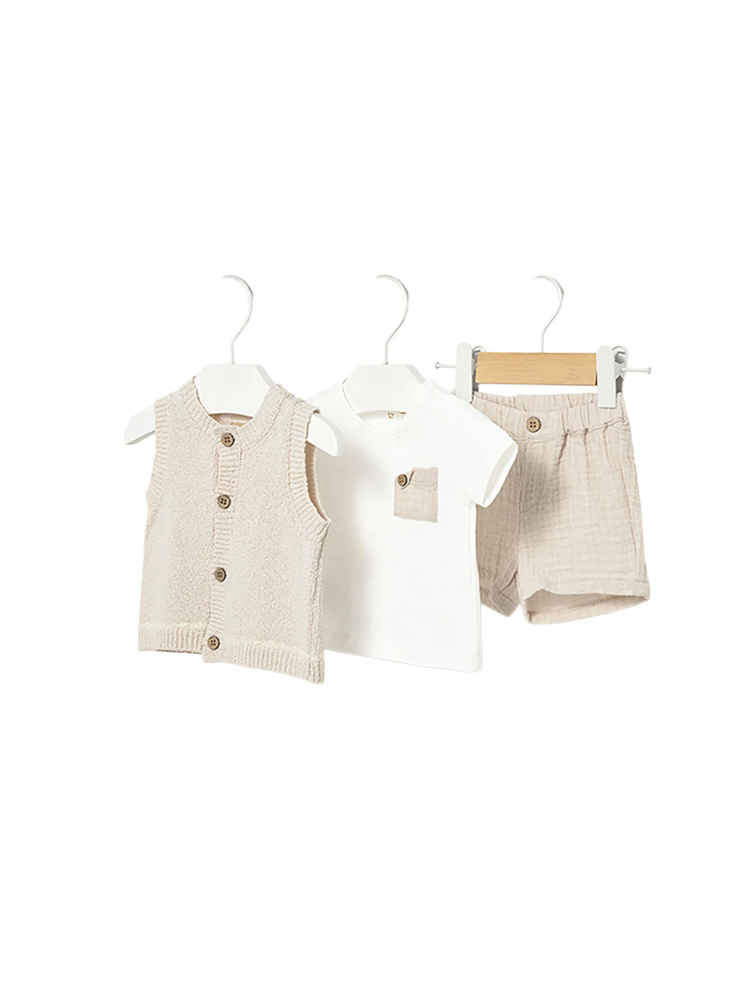 Completo Mayoral Neonato gilet, t-shirt e shorts in cotone grano