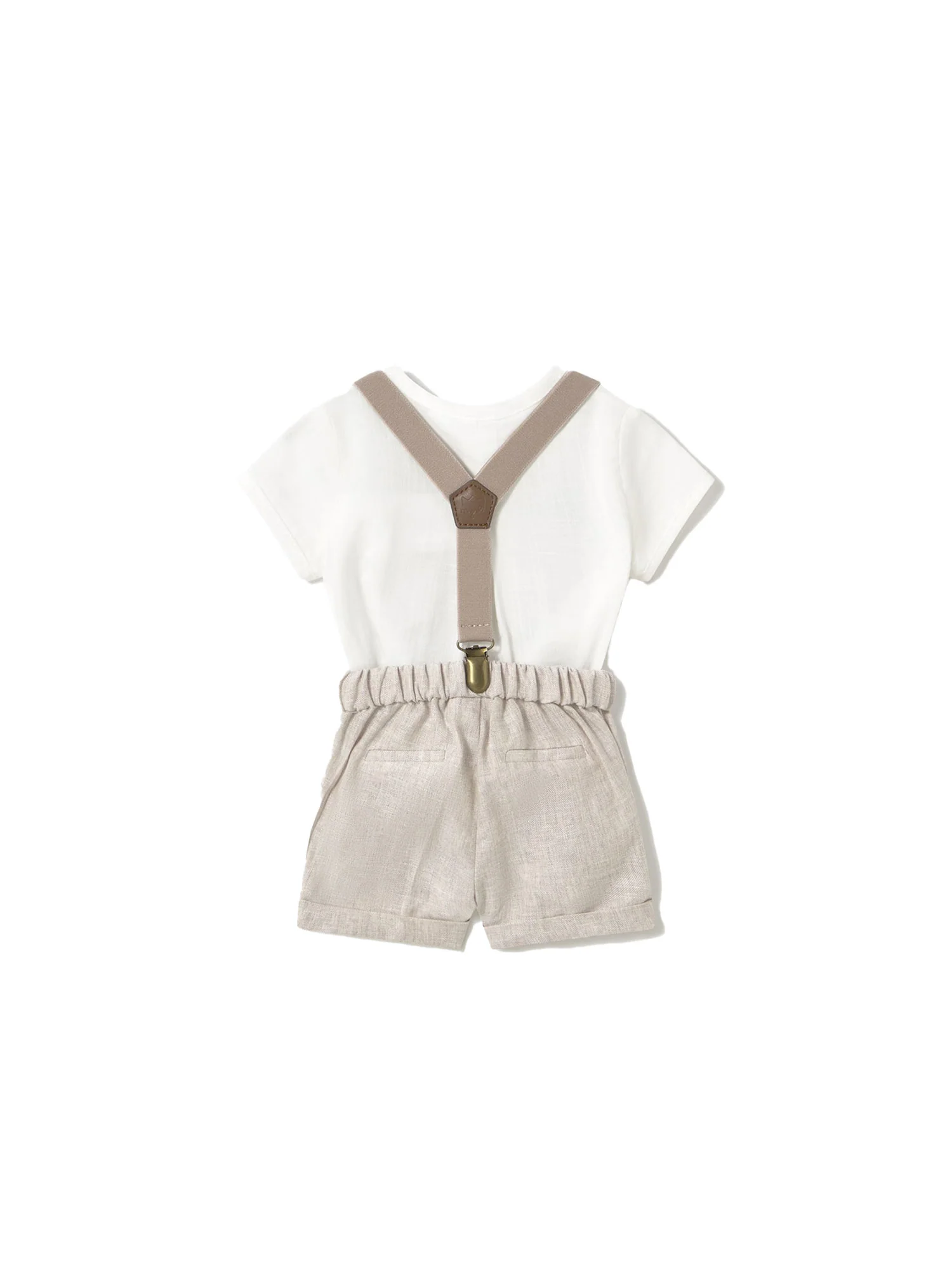 Completo tre pezzi (camicia+short+bretelle) beige - Image 2