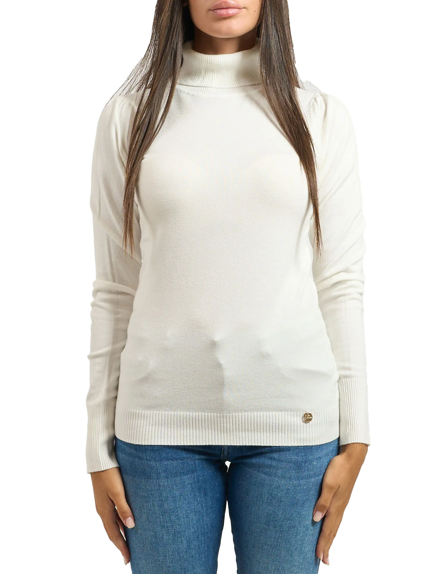 Maglia dolcevita Yes Zee donna manica a sbuffo bianco