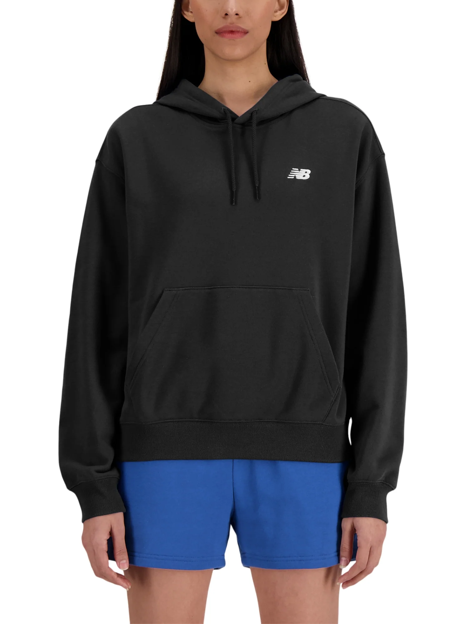 Felpa New Balance donna logo al petto con cappuccio ess french terry nero