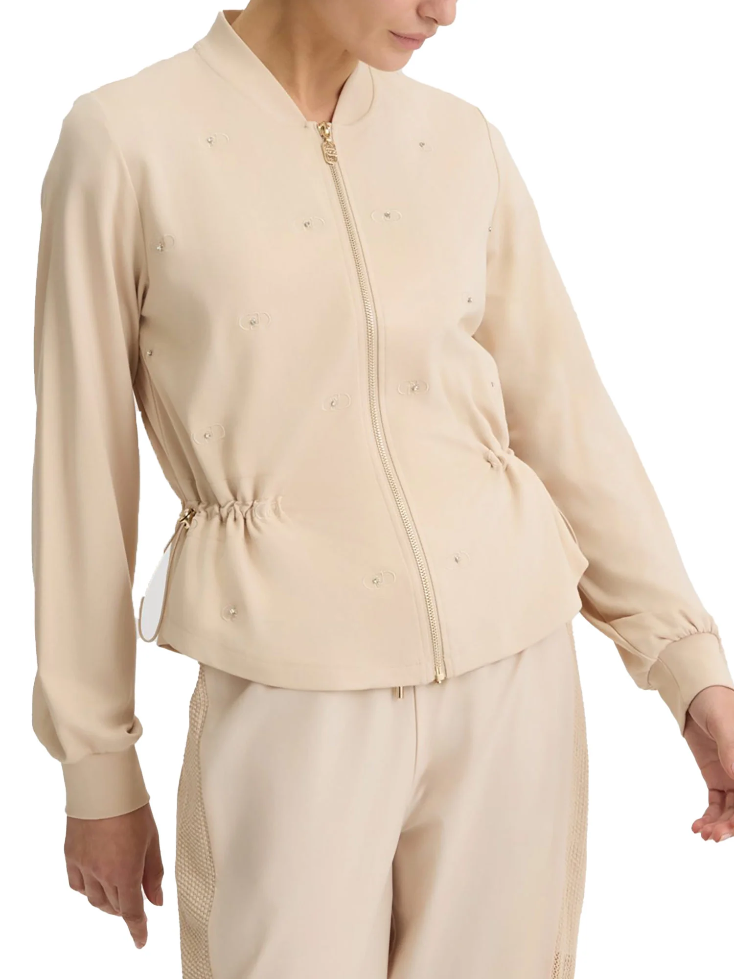 Felpa con zip e strass beige