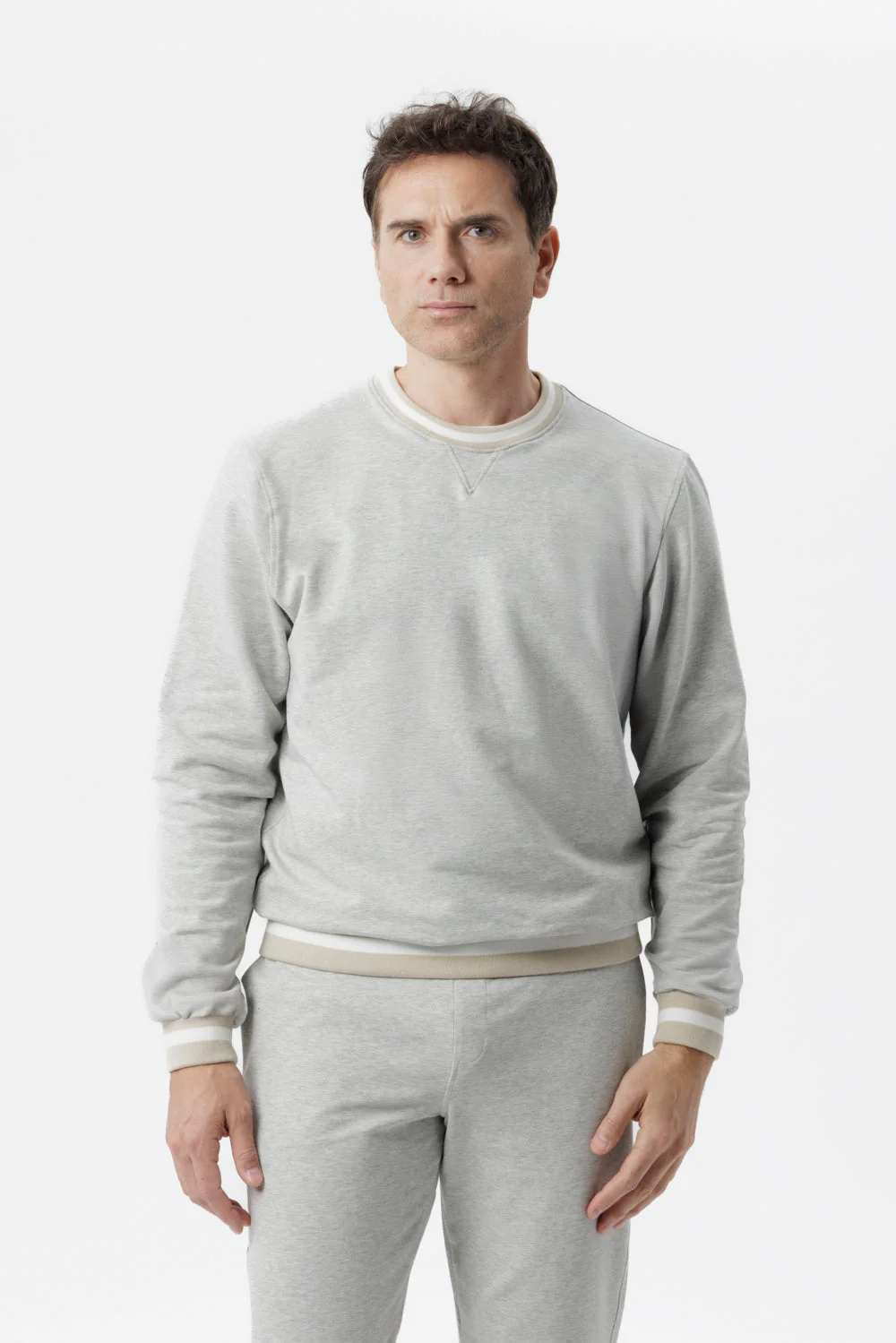 Felpa girocollo in cotone grigio con dettagli bicolore grigio