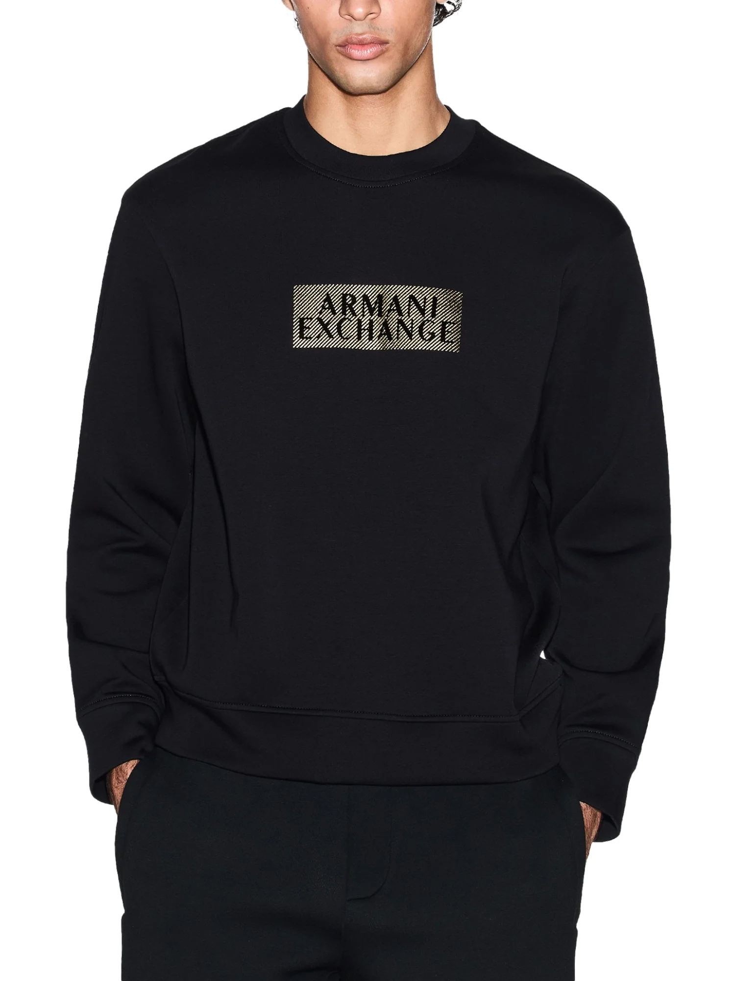 Felpa a girocollo senza cappuccio Armani Exchange uomo ricamo al petto nero diagonal