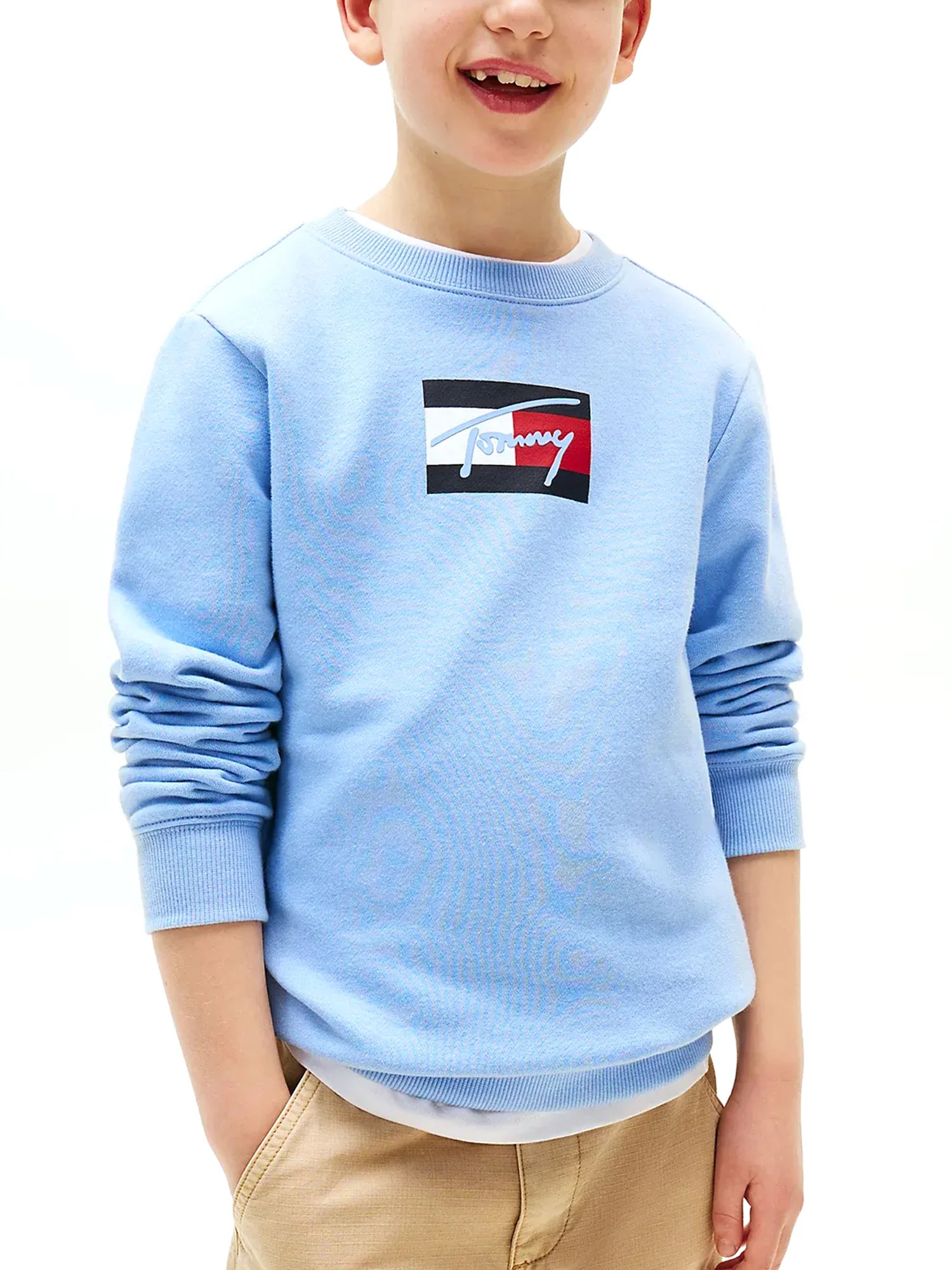 Felpa girocollo Tommy Hilfiger bambino logo script e bandiera celeste - Image 2