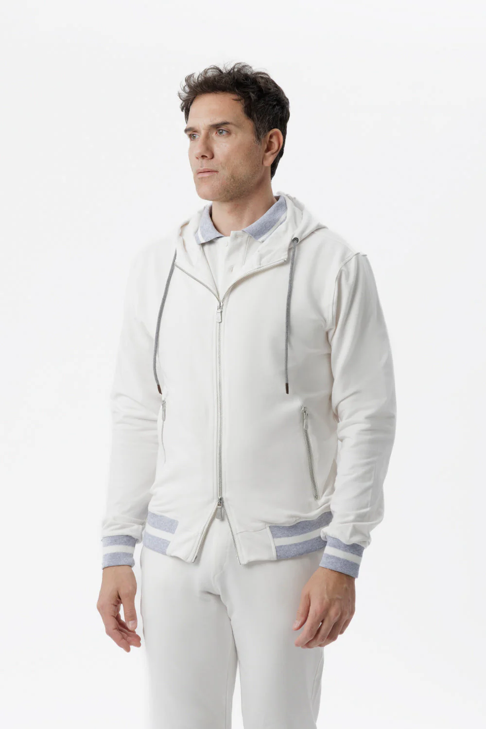 Felpa in cotone con cappuccio e zip bianco