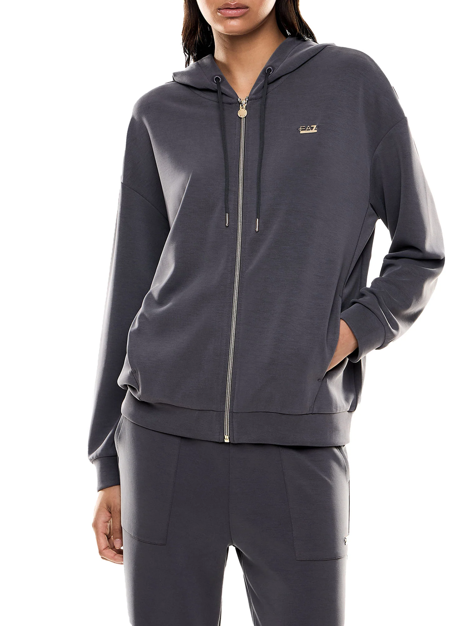 Felpa EA7 donna con cappuccio e zip logo applicato asfalto